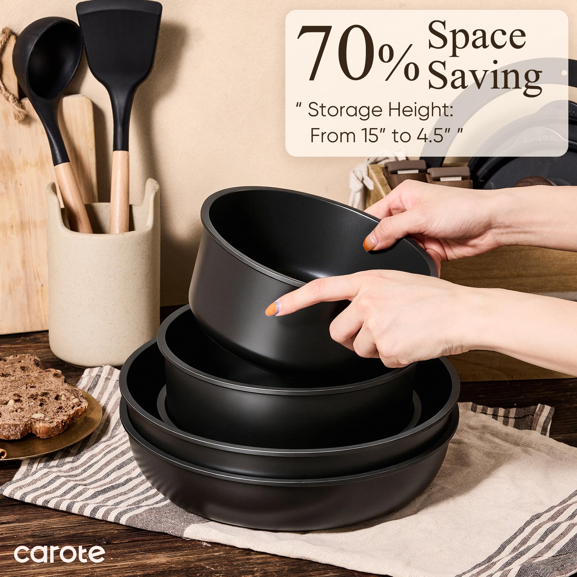 CAROTE 21pcs Pots and Pans Set Non Stick, Detachable Handle Cookware, Black thumbnail