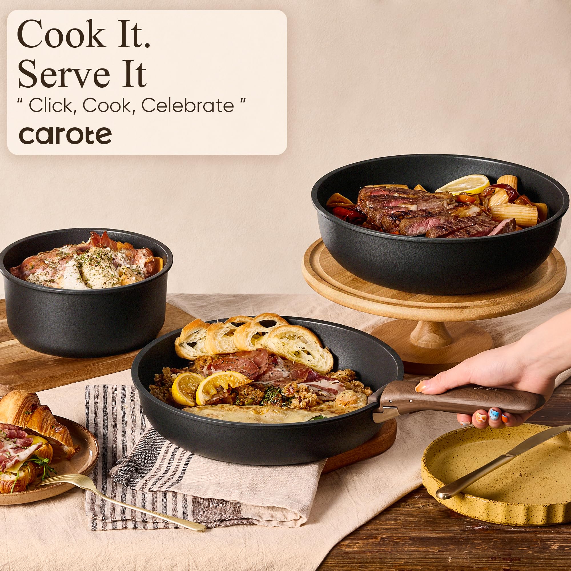 CAROTE 21pcs Pots and Pans Set Non Stick, Detachable Handle Cookware, Black thumbnail