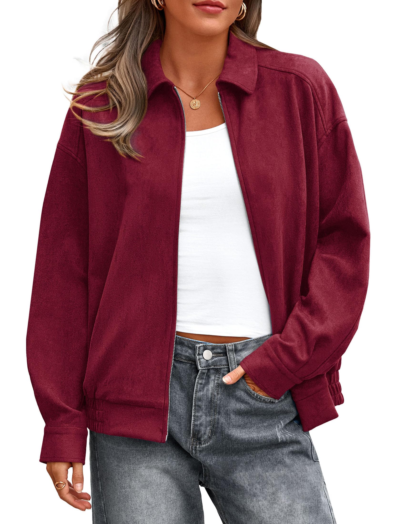 PRETTYGARDEN Faux Suede Bomber Jacket Women Fall Fashion 2026 Casual Zip Up Oversized Trendy Winter Clothing Outerwear Coats