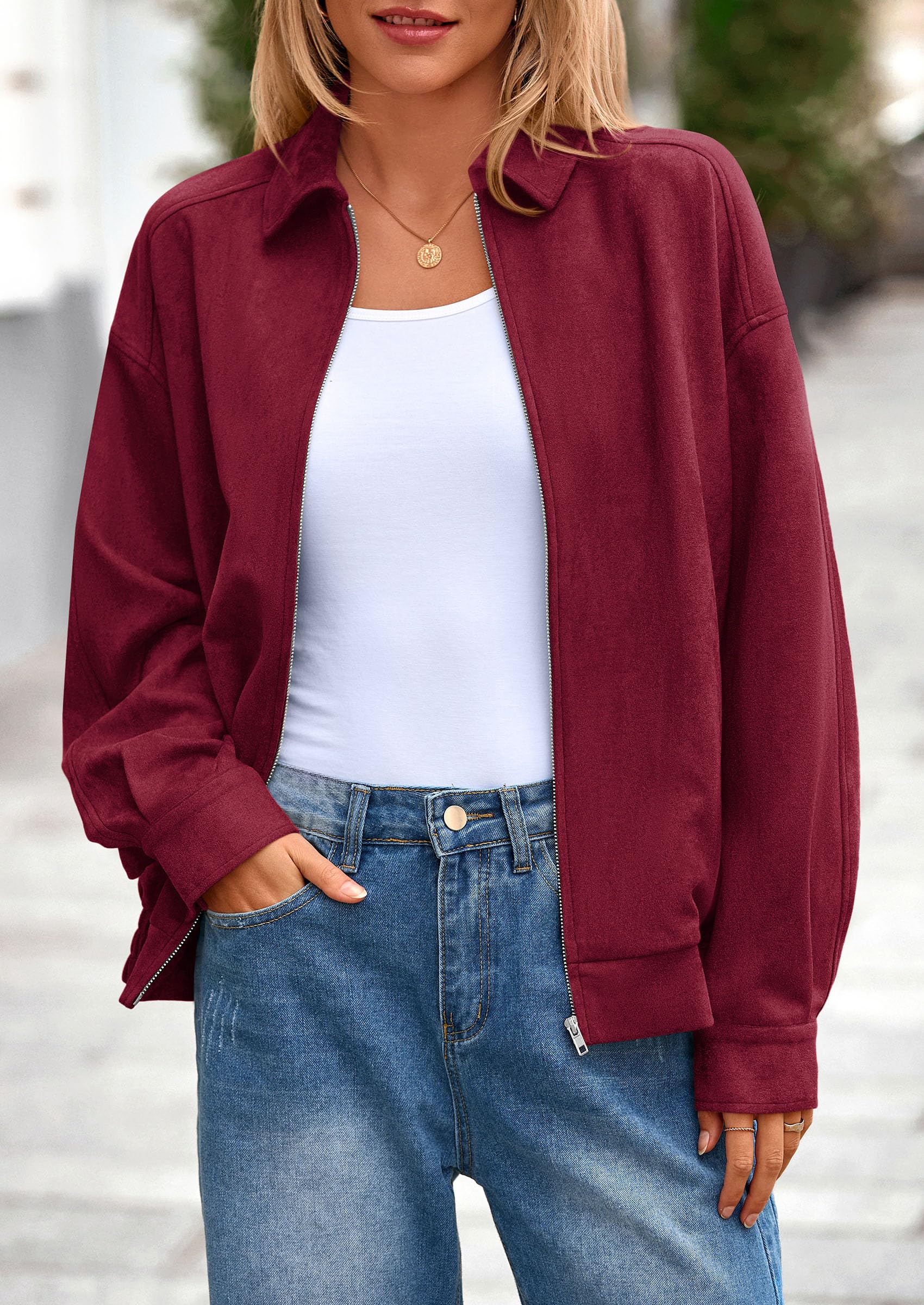 PRETTYGARDEN Faux Suede Bomber Jacket Women Fall Fashion 2026 Casual Zip Up Oversized Trendy Winter Clothing Outerwear Coats thumbnail