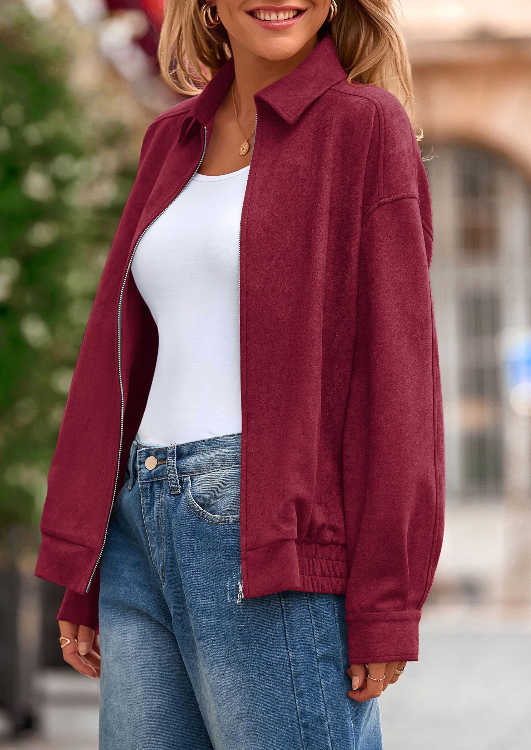 PRETTYGARDEN Faux Suede Bomber Jacket Women Fall Fashion 2026 Casual Zip Up Oversized Trendy Winter Clothing Outerwear Coats thumbnail