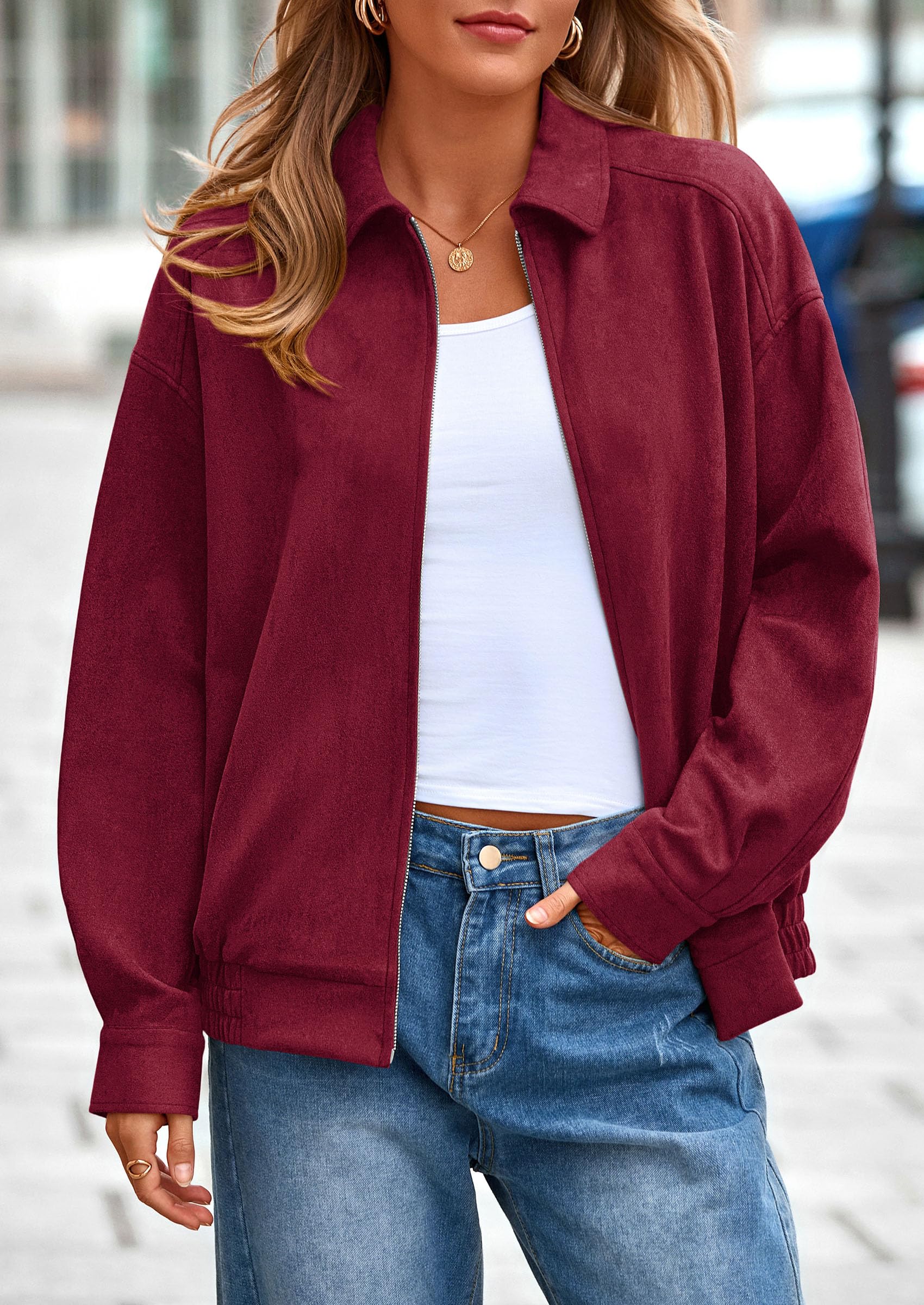 PRETTYGARDEN Faux Suede Bomber Jacket Women Fall Fashion 2026 Casual Zip Up Oversized Trendy Winter Clothing Outerwear Coats thumbnail