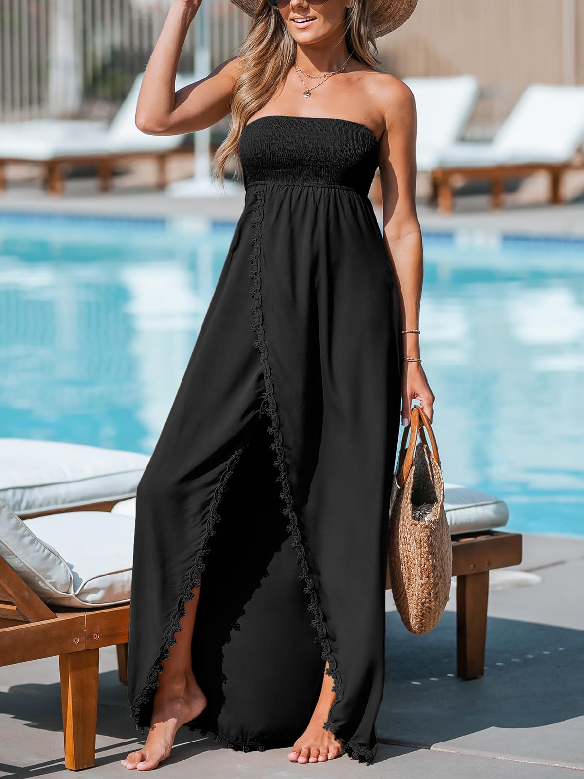 CUPSHE Women's Maxi Dresses Sleeveless Lace Casual Smocked Strapless Slit Long Summer Formal Sun Dress thumbnail