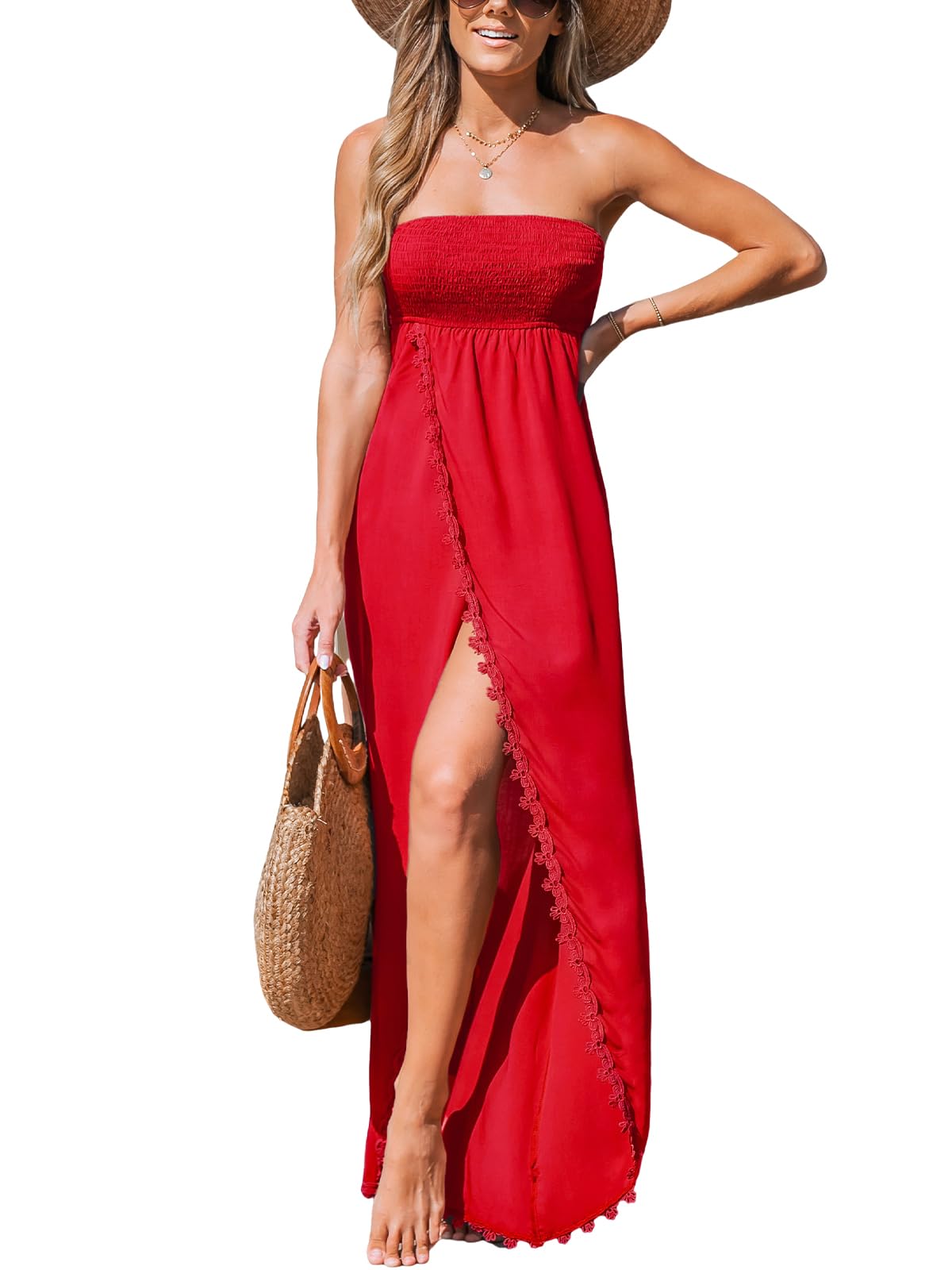CUPSHE Women's Maxi Dresses Sleeveless Lace Casual Smocked Strapless Slit Long Summer Formal Sun Dress thumbnail