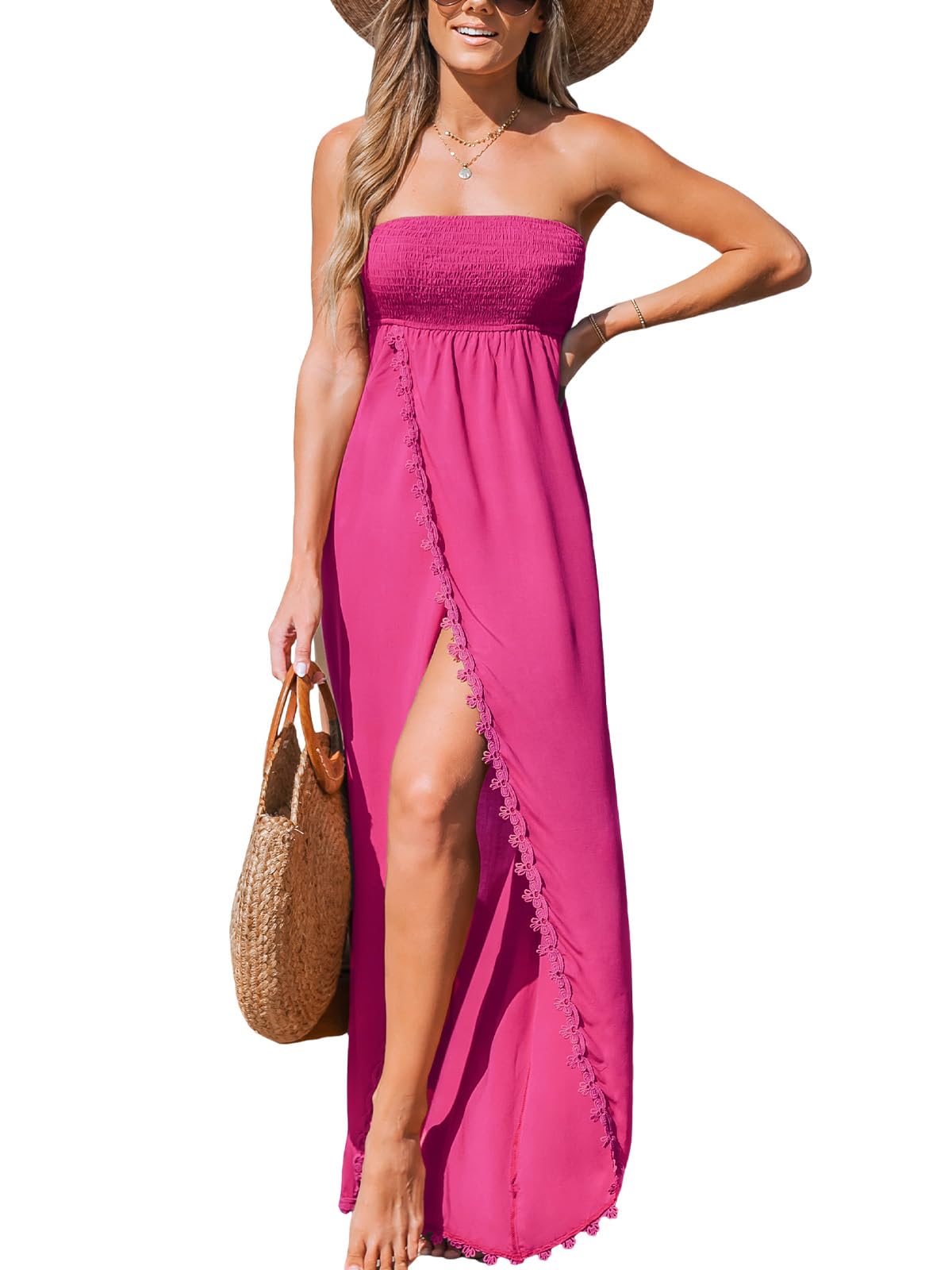 CUPSHE Women's Maxi Dresses Sleeveless Lace Casual Smocked Strapless Slit Long Summer Formal Sun Dress thumbnail