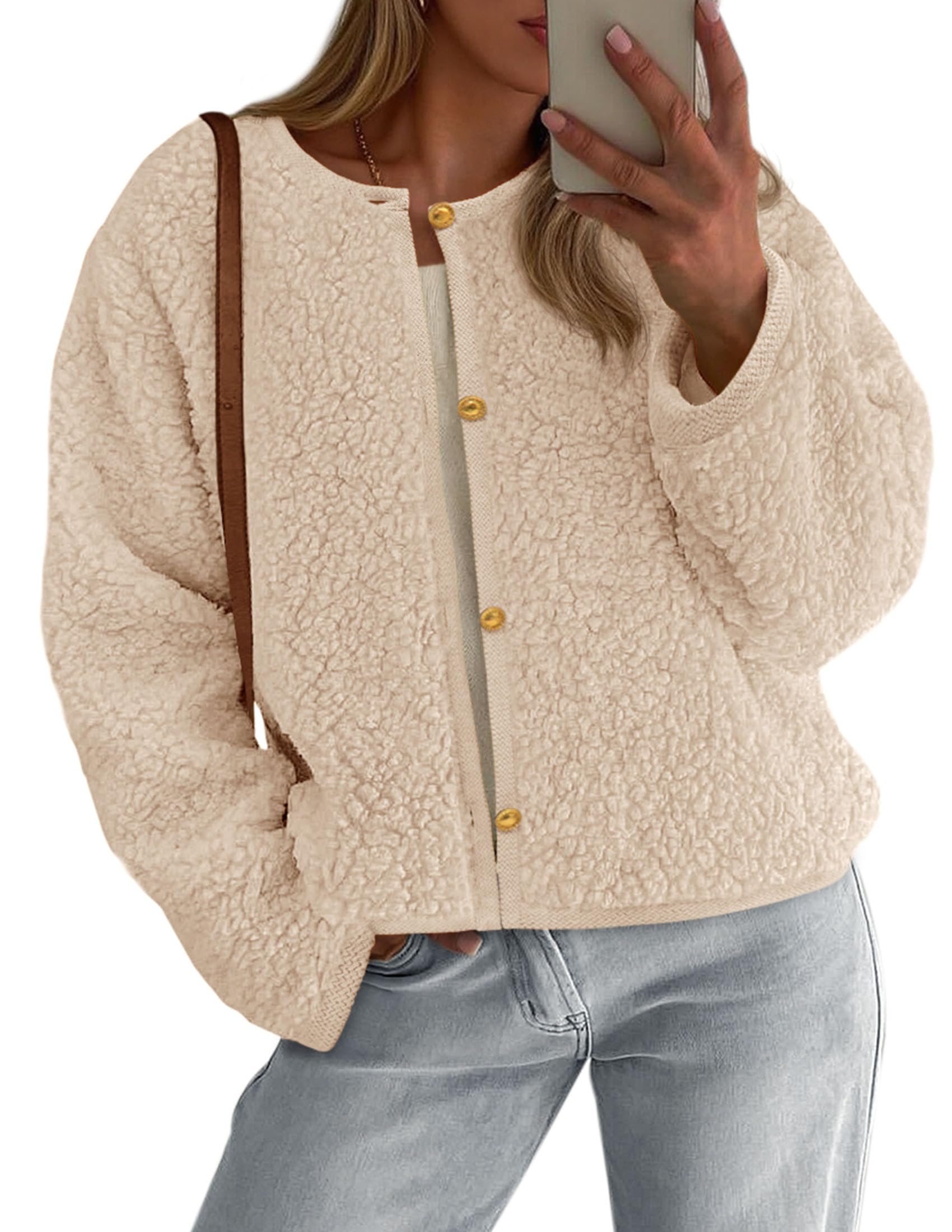 PRETTYGARDEN Women's 2025 Fall Fashion Clothes Trendy Fleece Sherpa Cropped Jackets Buttons Warm Casual Winter Faux Fur Coats