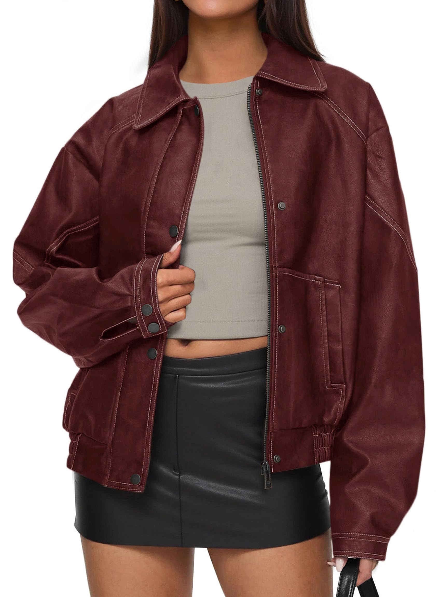 PRETTYGARDEN Leather Jacket Women Faux Oversized Coat | Motorcycle Bomber Fall Jackets Trendy, Fashion Going Out Outfits, Travel, Winter Clothes, Zip Up Outerwear