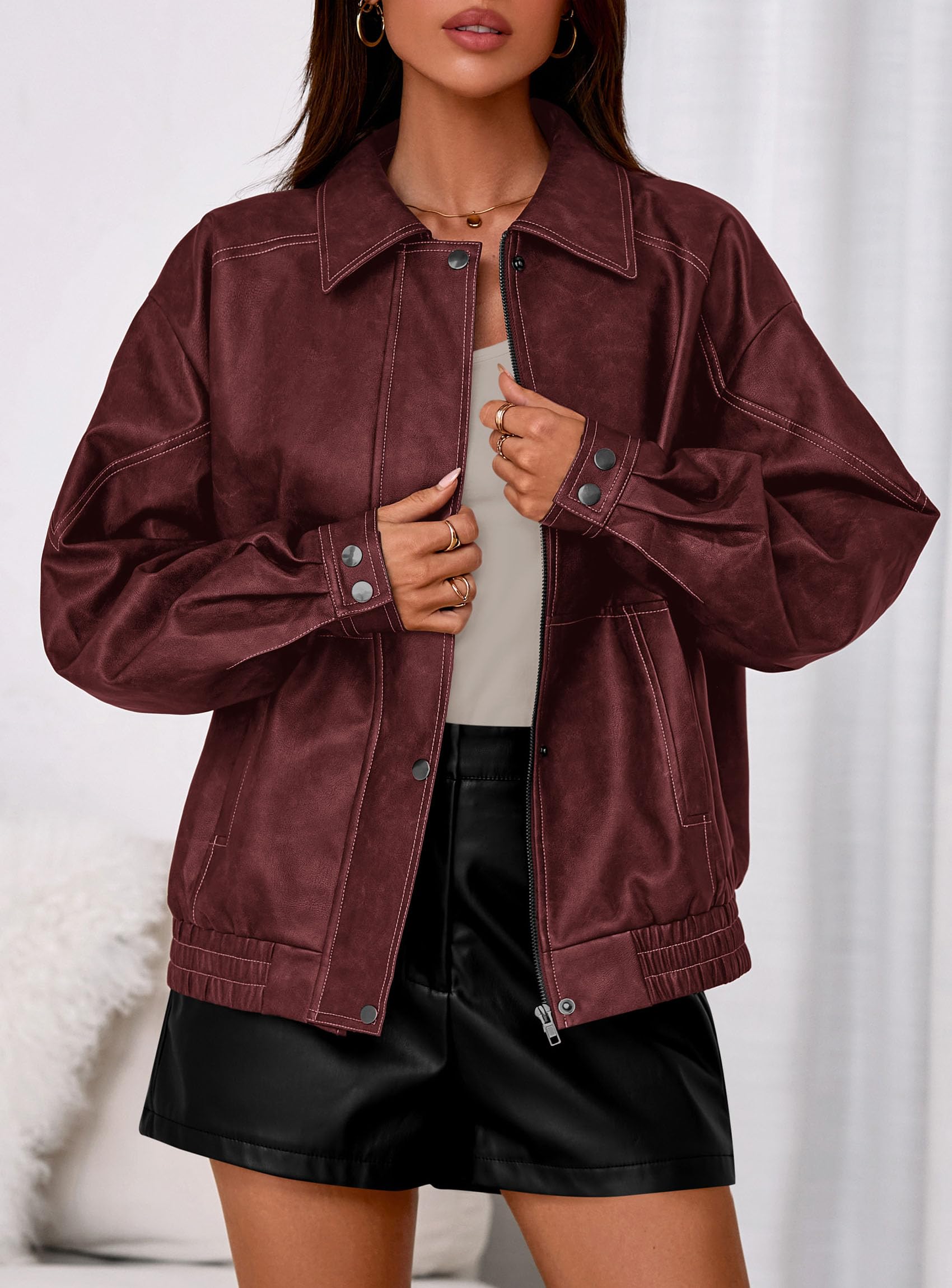 PRETTYGARDEN Leather Jacket Women Faux Oversized Coat | Motorcycle Bomber Fall Jackets Trendy, Fashion Going Out Outfits, Travel, Winter Clothes, Zip Up Outerwear thumbnail