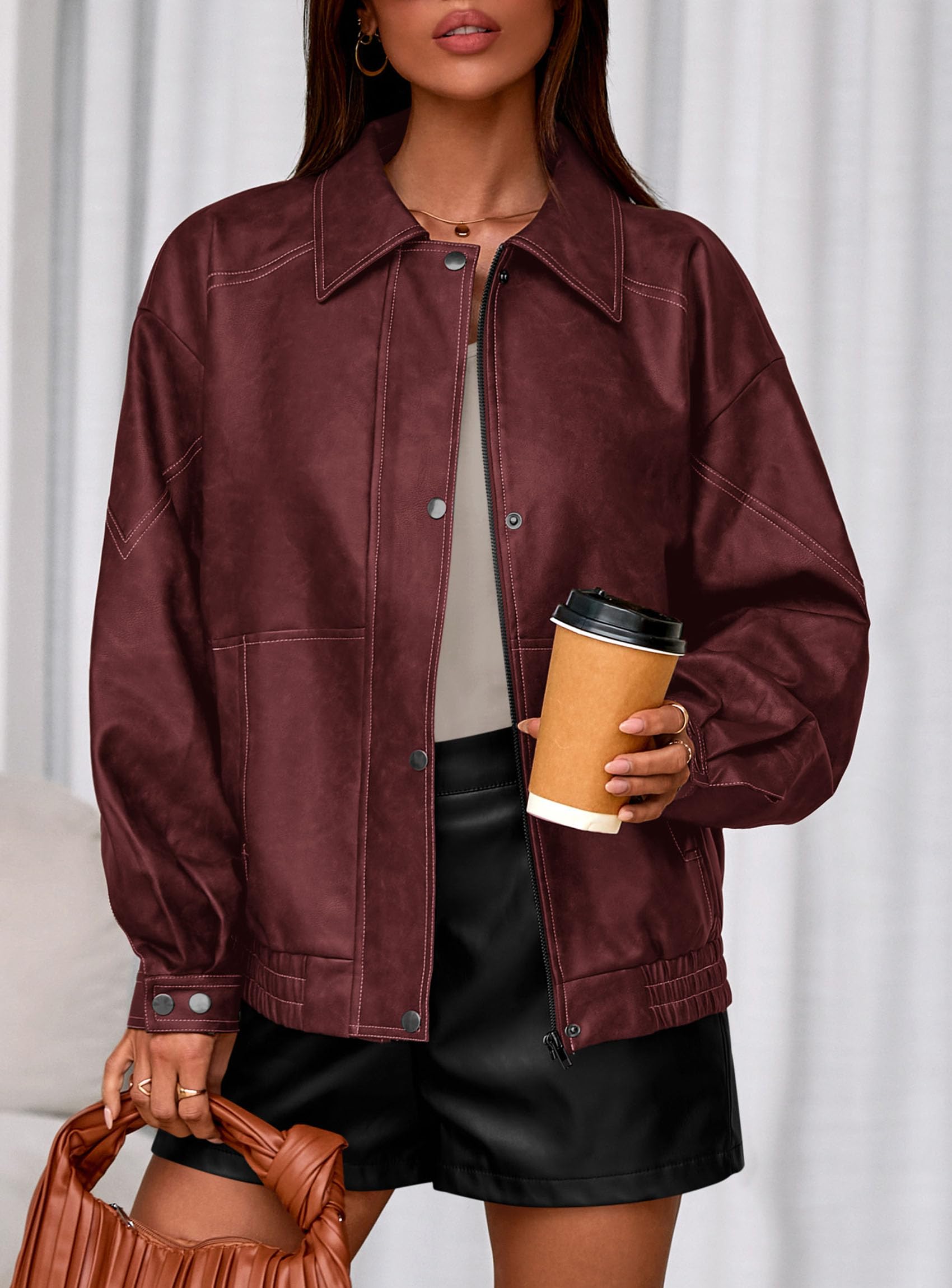 PRETTYGARDEN Leather Jacket Women Faux Oversized Coat | Motorcycle Bomber Fall Jackets Trendy, Fashion Going Out Outfits, Travel, Winter Clothes, Zip Up Outerwear thumbnail