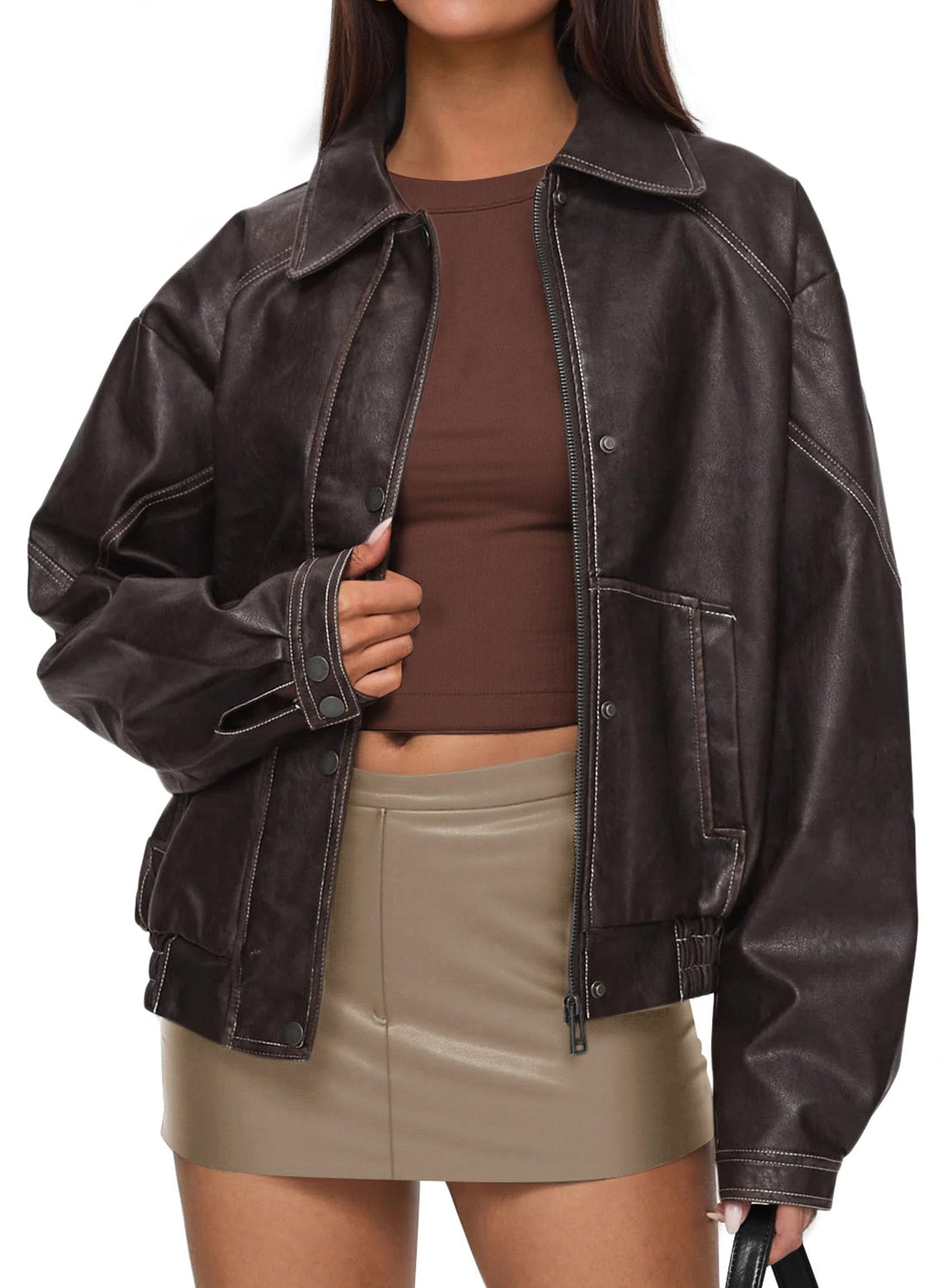 PRETTYGARDEN Leather Jacket Women Faux Oversized Coat | Motorcycle Bomber Fall Jackets Trendy, Fashion Going Out Outfits, Travel, Winter Clothes, Zip Up Outerwear