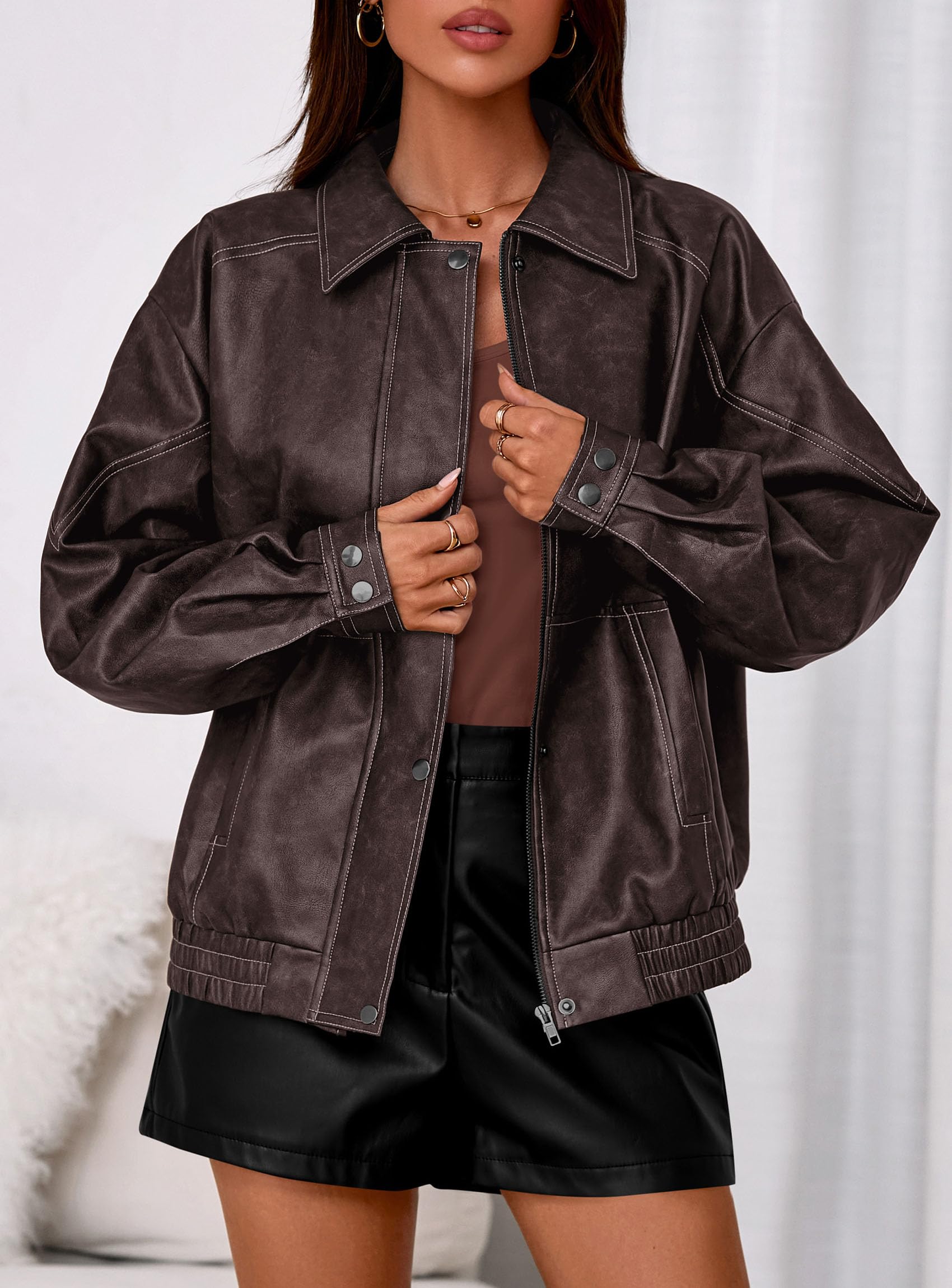 PRETTYGARDEN Leather Jacket Women Faux Oversized Coat | Motorcycle Bomber Fall Jackets Trendy, Fashion Going Out Outfits, Travel, Winter Clothes, Zip Up Outerwear thumbnail