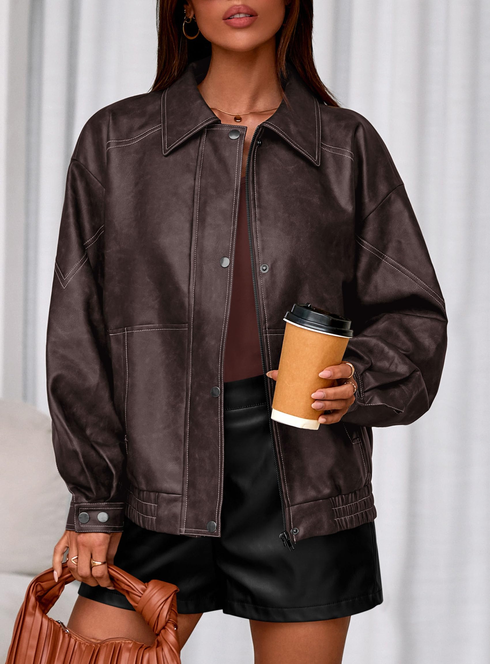 PRETTYGARDEN Leather Jacket Women Faux Oversized Coat | Motorcycle Bomber Fall Jackets Trendy, Fashion Going Out Outfits, Travel, Winter Clothes, Zip Up Outerwear thumbnail