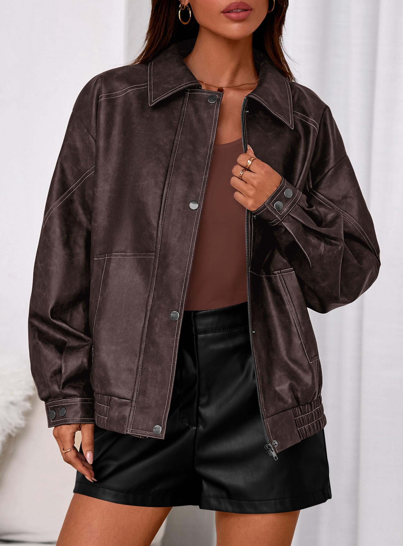 PRETTYGARDEN Leather Jacket Women Faux Oversized Coat | Motorcycle Bomber Fall Jackets Trendy, Fashion Going Out Outfits, Travel, Winter Clothes, Zip Up Outerwear thumbnail