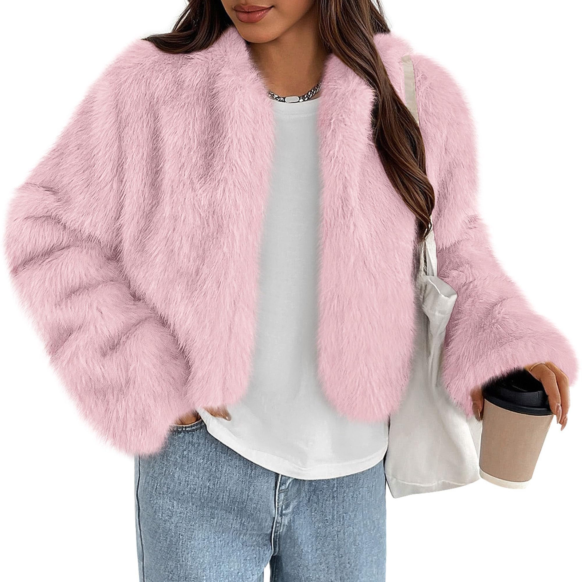 PRETTYGARDEN Womens 2026 Winter Coats Fluffy Cropped Faux Fur Jacket Long Sleeve Open Front Shaggy Outerwear Trendy Clothes