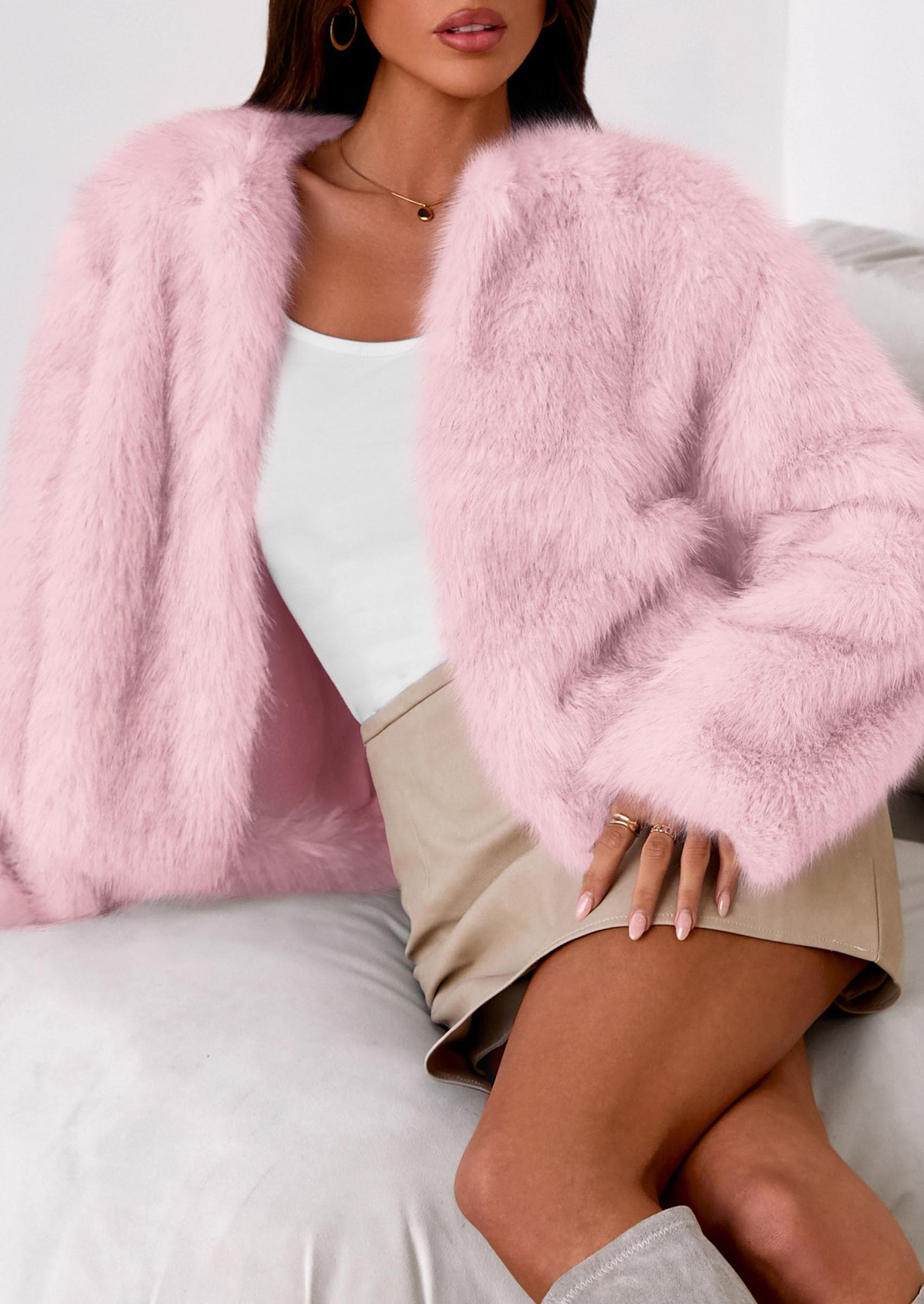 PRETTYGARDEN Womens 2026 Winter Coats Fluffy Cropped Faux Fur Jacket Long Sleeve Open Front Shaggy Outerwear Trendy Clothes thumbnail