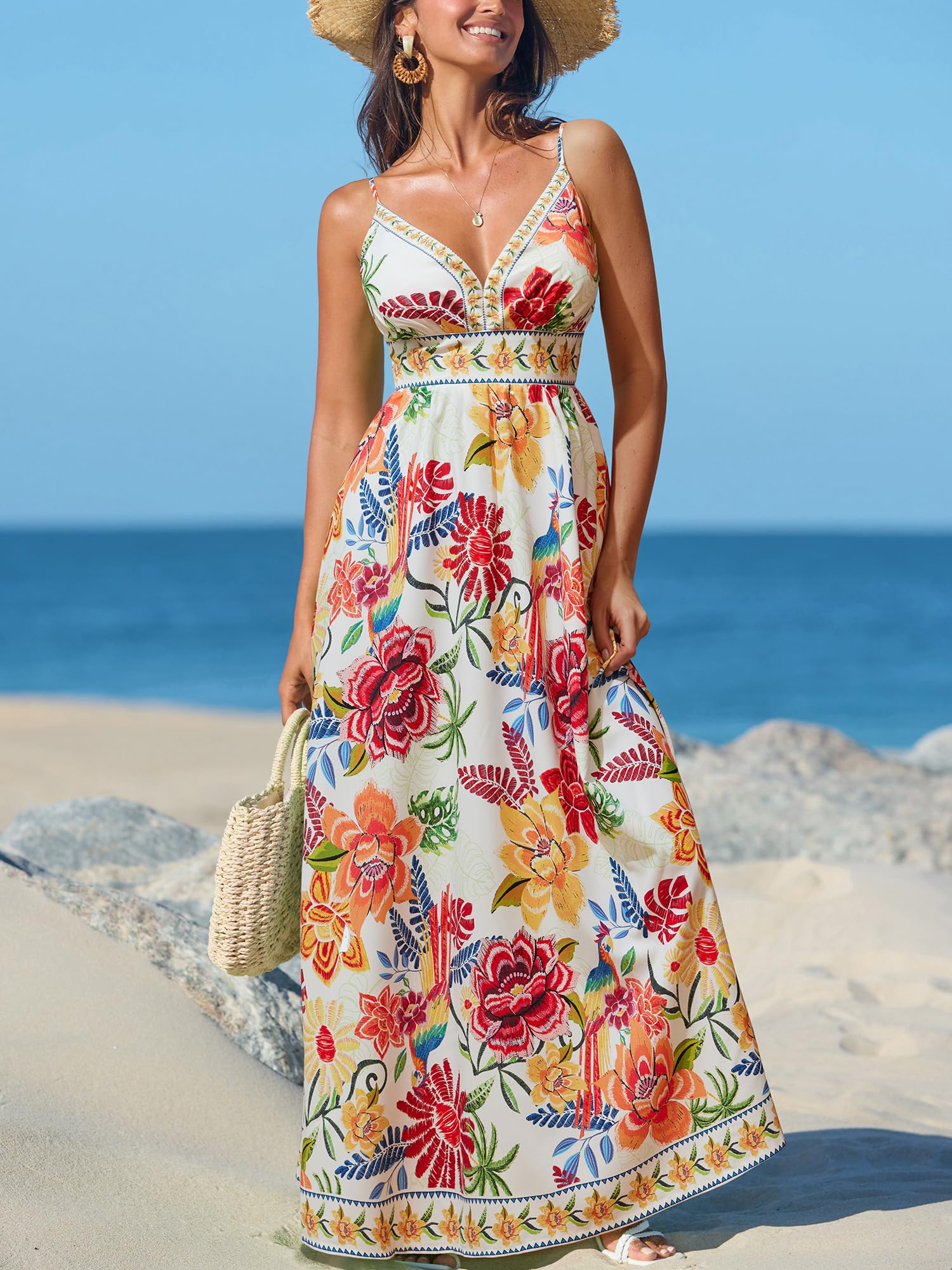 CUPSHE Women's Summer Dresses Casual Spring V Neck Sleeveless Floral Beach Vacation Long Spaghetti Strap Flowy Maxi Dress thumbnail