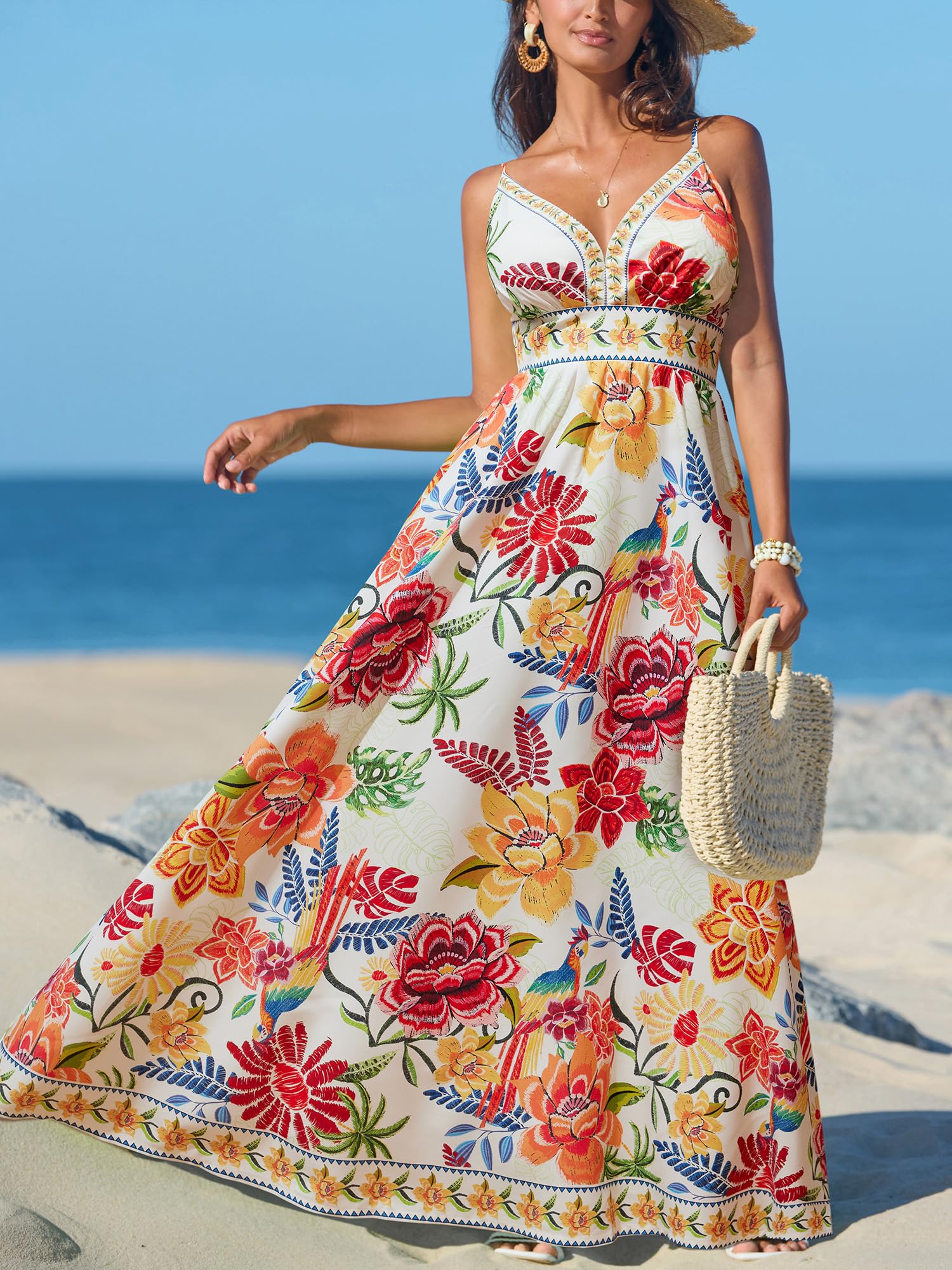 CUPSHE Women's Summer Dresses Casual Spring V Neck Sleeveless Floral Beach Vacation Long Spaghetti Strap Flowy Maxi Dress thumbnail