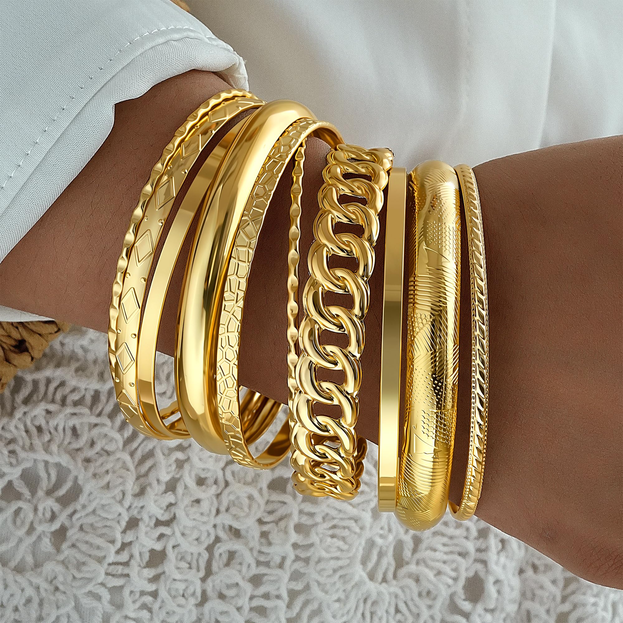 ÌF ME Gold Bangle Bracelets for Women, Indian Bangles Stackable Set, Multi Layer Textured 18K Gold Plated Chunky Bracelets Boho Jewelrys Set thumbnail