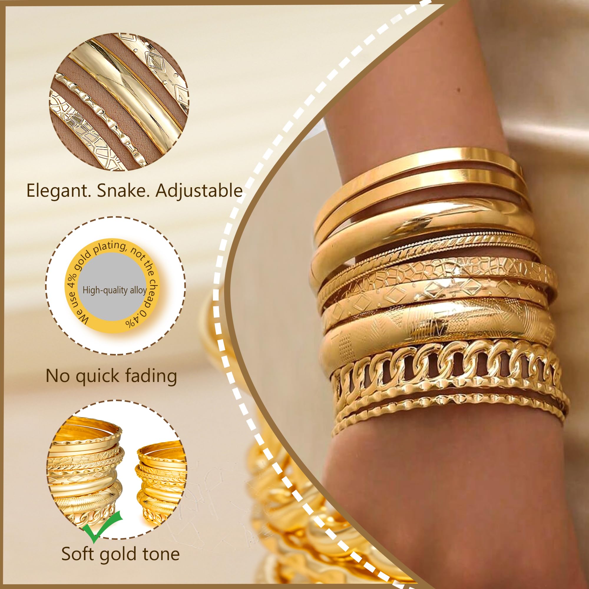 ÌF ME Gold Bangle Bracelets for Women, Indian Bangles Stackable Set, Multi Layer Textured 18K Gold Plated Chunky Bracelets Boho Jewelrys Set thumbnail