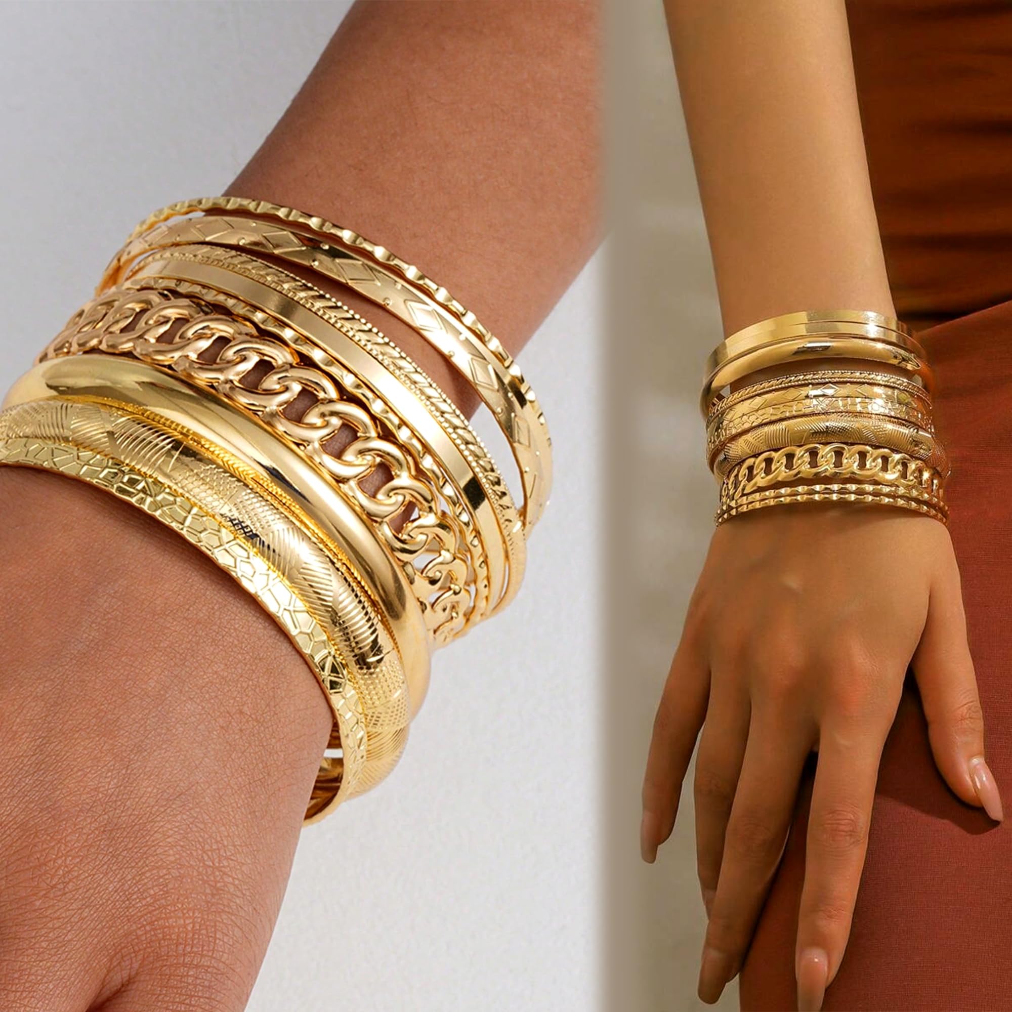 ÌF ME Gold Bangle Bracelets for Women, Indian Bangles Stackable Set, Multi Layer Textured 18K Gold Plated Chunky Bracelets Boho Jewelrys Set thumbnail