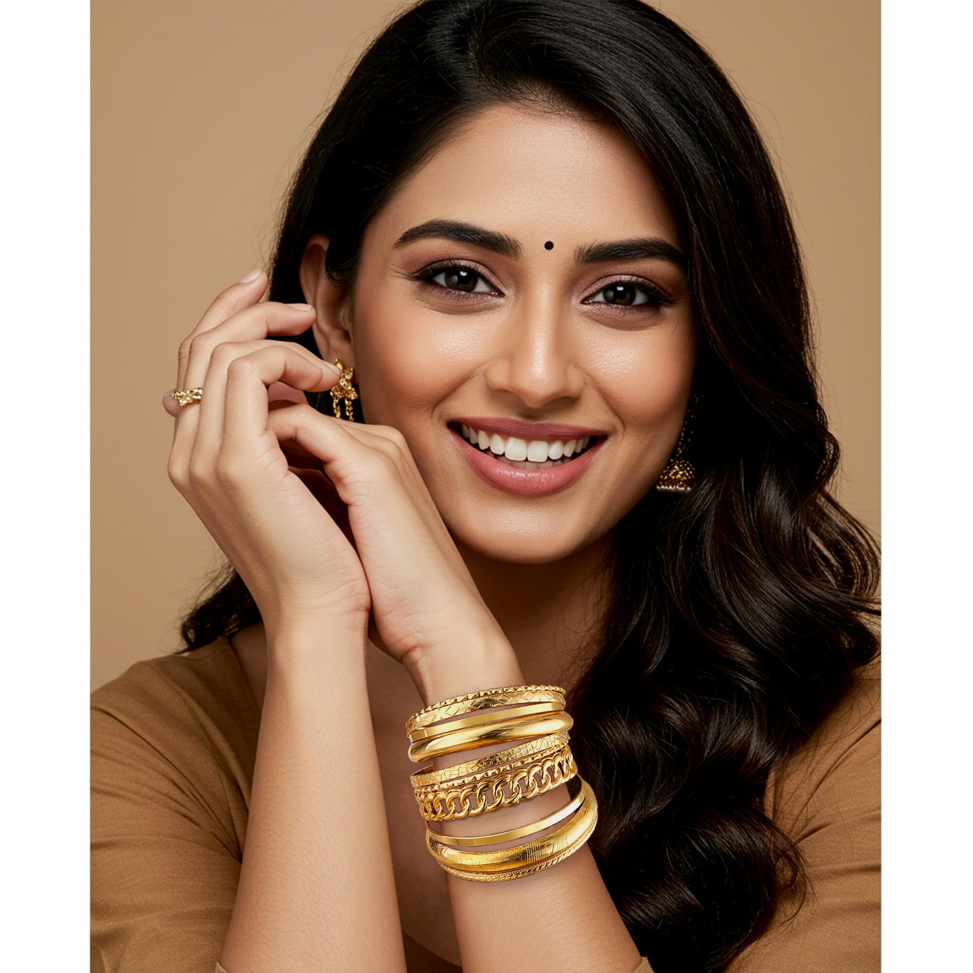 ÌF ME Gold Bangle Bracelets for Women, Indian Bangles Stackable Set, Multi Layer Textured 18K Gold Plated Chunky Bracelets Boho Jewelrys Set thumbnail