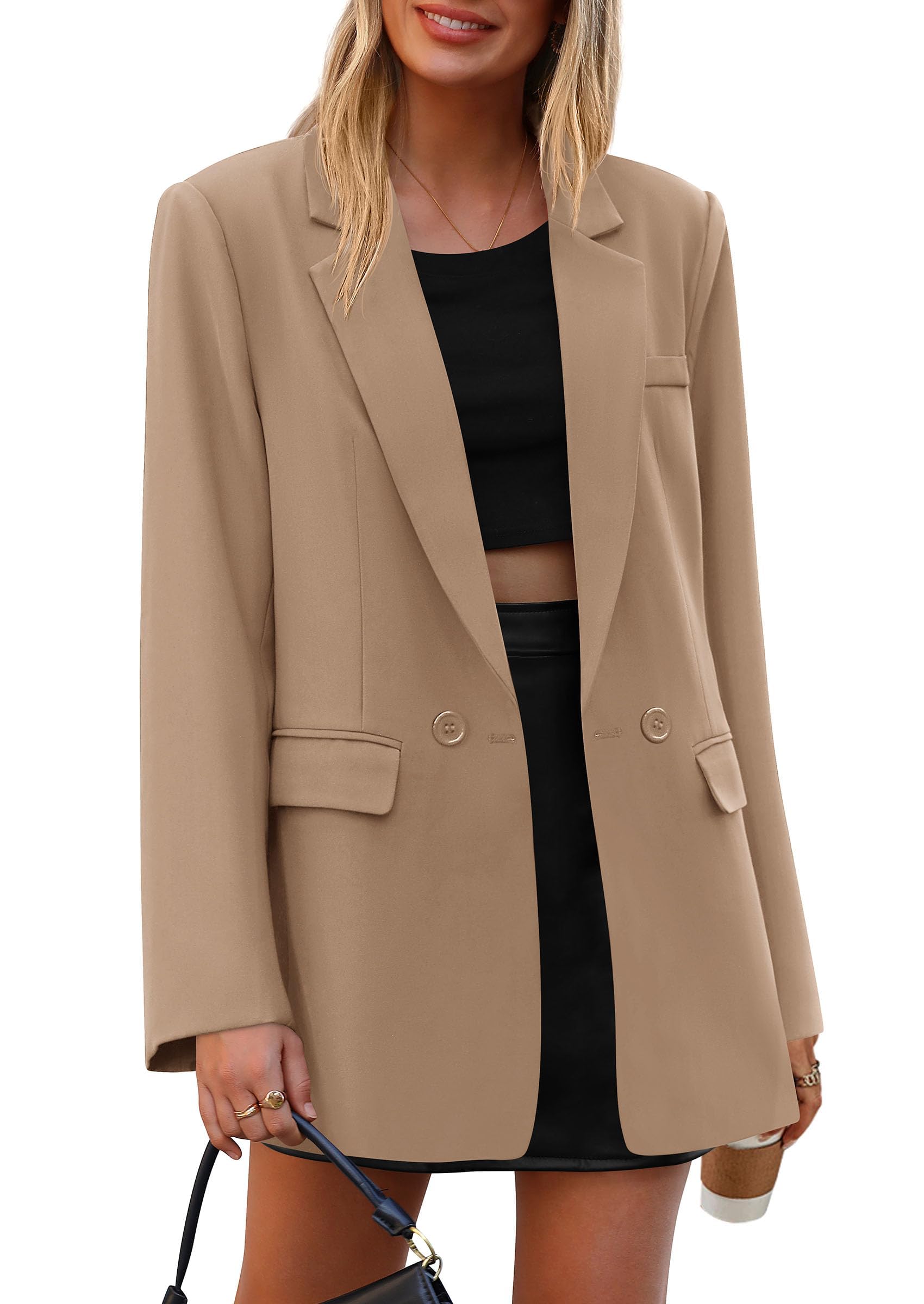 PRETTYGARDEN Women's Fall Business Casual Oversized Blazers | Comfy Material, Long Sleeve Notch Lapel, Double Breasted Pockets, Loose Fit, Spring Winter Jackets, Work Office Clothes