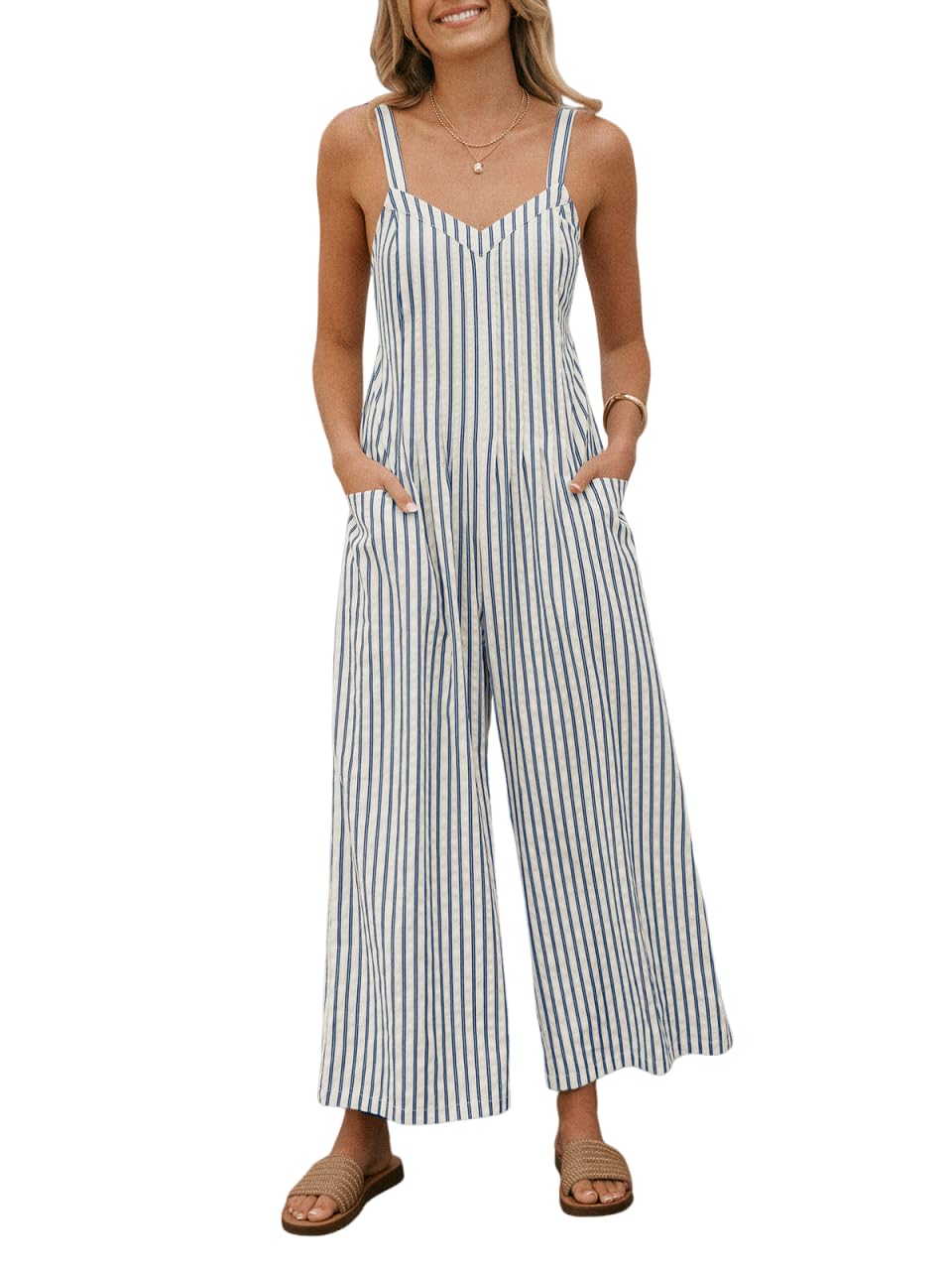 CUPSHE Maxi Jumpsuit for Women Striped Sleeveless Smocked Cutout Back Wide Leg Summer Casual Overall Romper