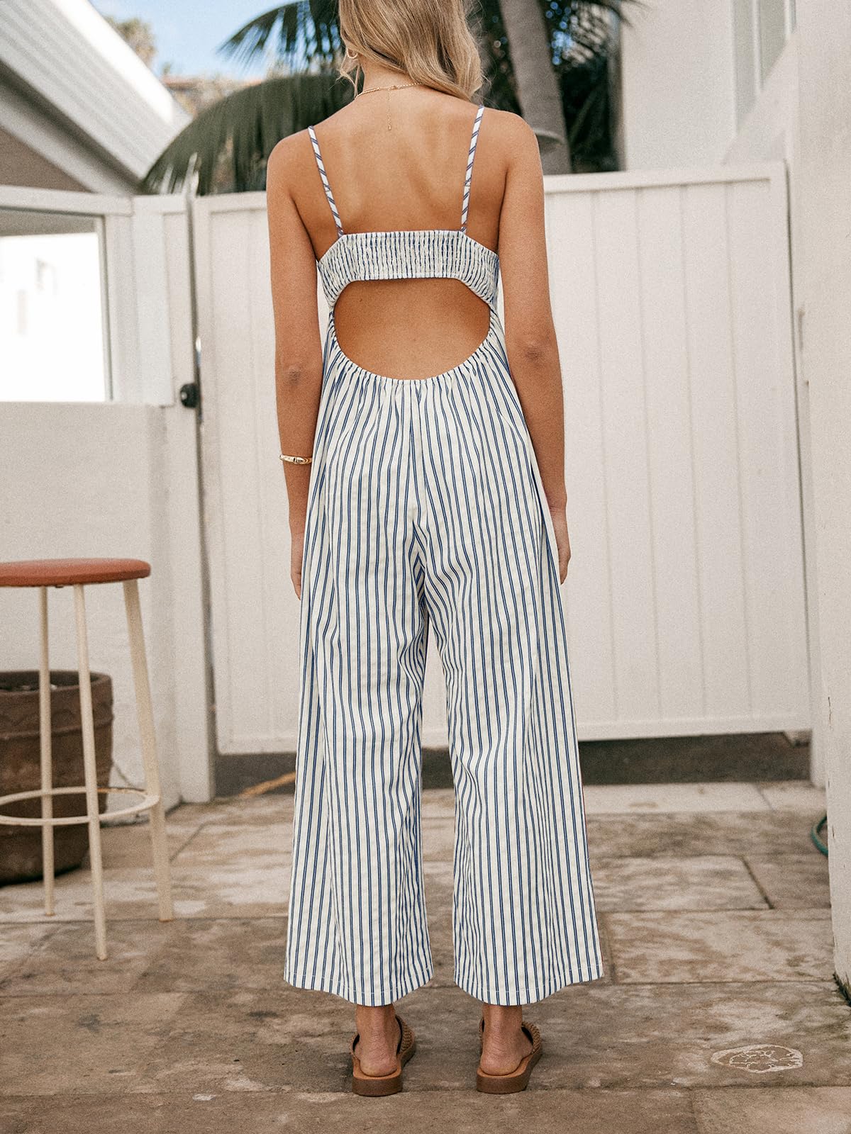 CUPSHE Maxi Jumpsuit for Women Striped Sleeveless Smocked Cutout Back Wide Leg Summer Casual Overall Romper thumbnail