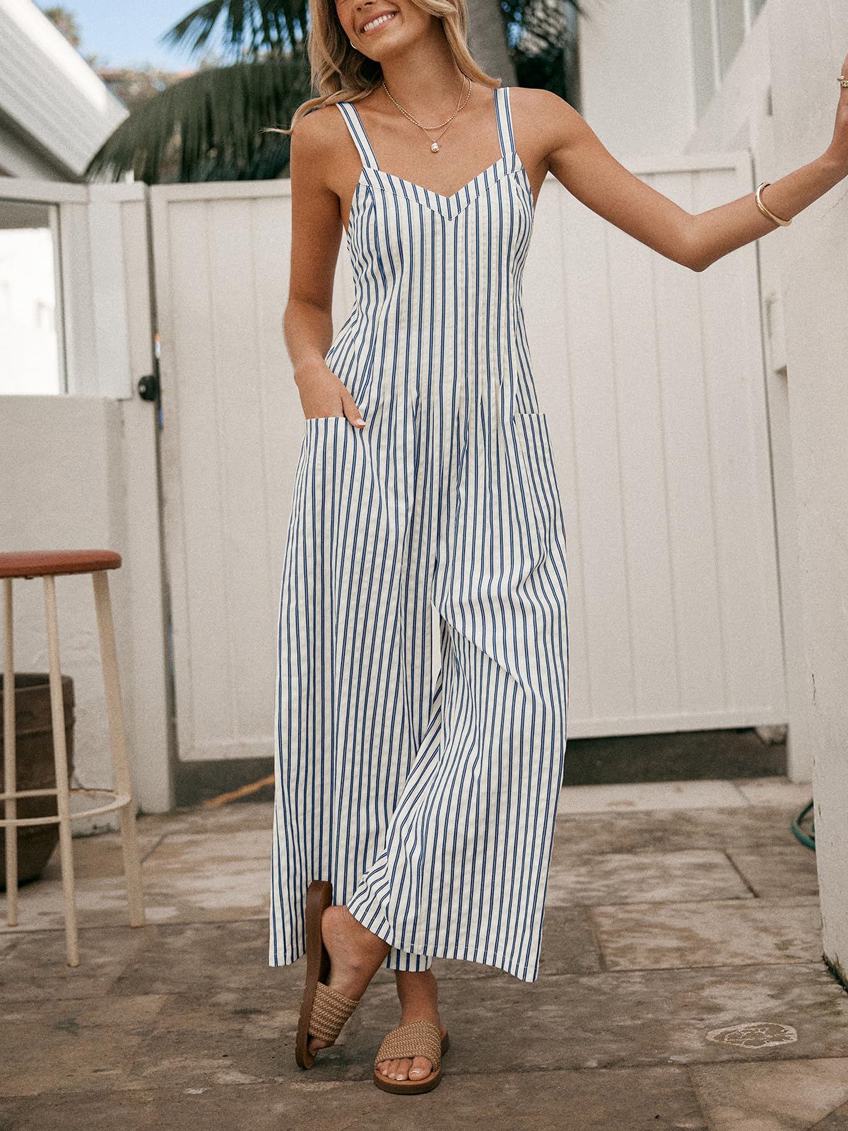 CUPSHE Maxi Jumpsuit for Women Striped Sleeveless Smocked Cutout Back Wide Leg Summer Casual Overall Romper thumbnail