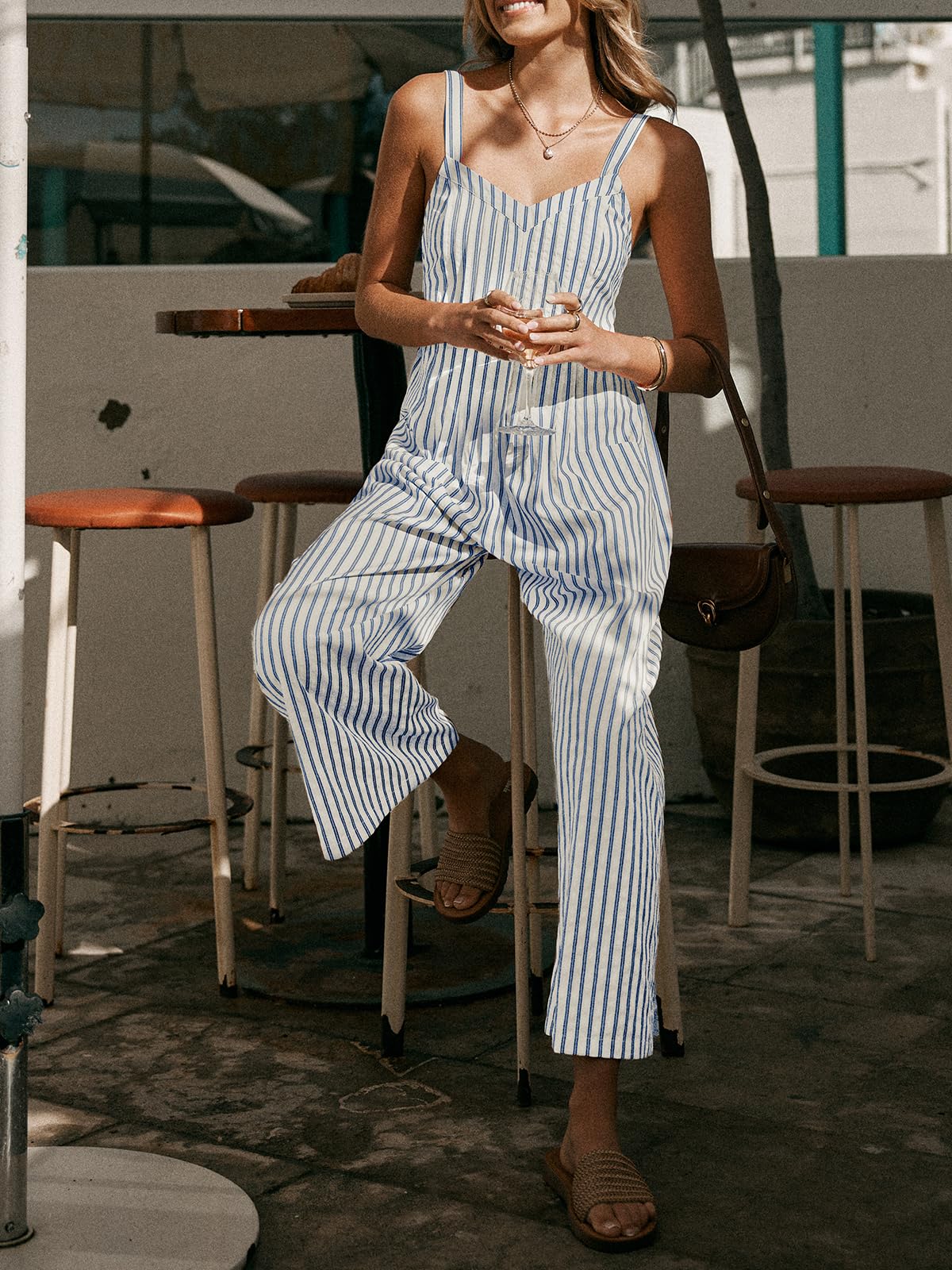 CUPSHE Maxi Jumpsuit for Women Striped Sleeveless Smocked Cutout Back Wide Leg Summer Casual Overall Romper thumbnail