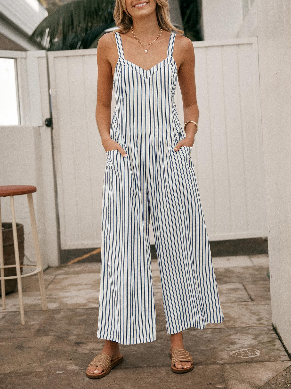 CUPSHE Maxi Jumpsuit for Women Striped Sleeveless Smocked Cutout Back Wide Leg Summer Casual Overall Romper thumbnail