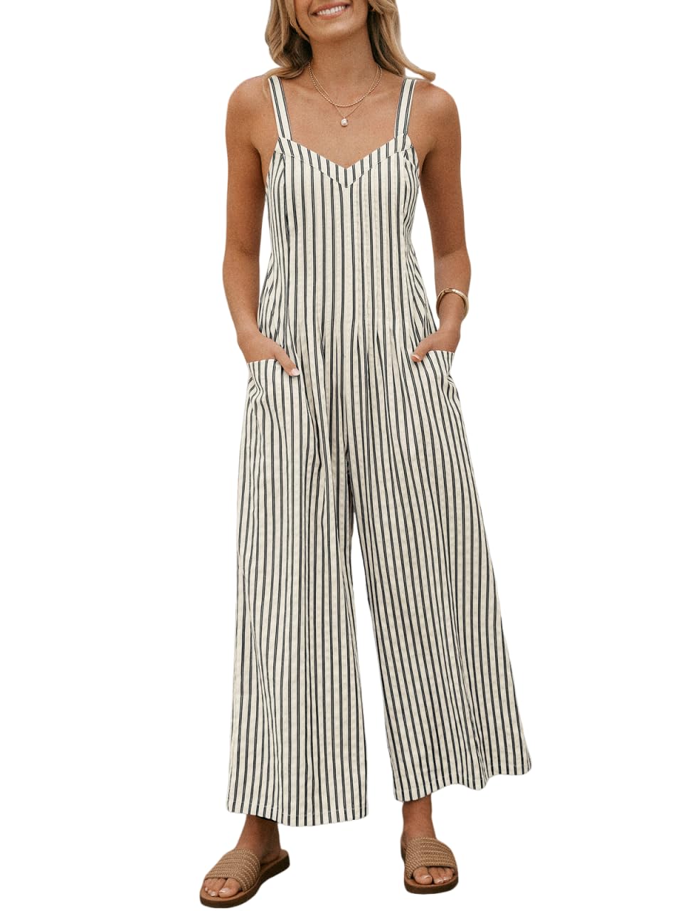 CUPSHE Maxi Jumpsuit for Women Striped Sleeveless Smocked Cutout Back Wide Leg Summer Casual Overall Romper thumbnail