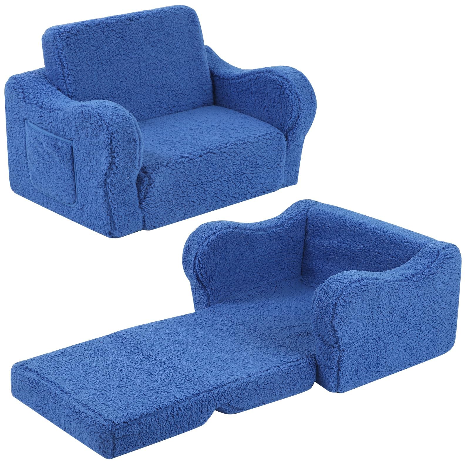 MOMCAYWEX Kids Sofa, 2-in-1 Flip-Out Foam Couch with Soft Sherpa Cover, Cozy Play Lounge Chair, Sky Blue