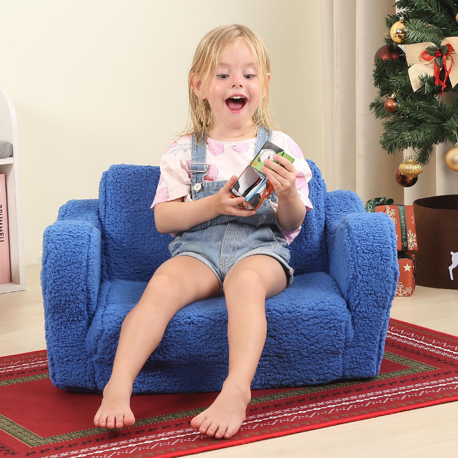 MOMCAYWEX Kids Sofa, 2-in-1 Flip-Out Foam Couch with Soft Sherpa Cover, Cozy Play Lounge Chair, Sky Blue thumbnail