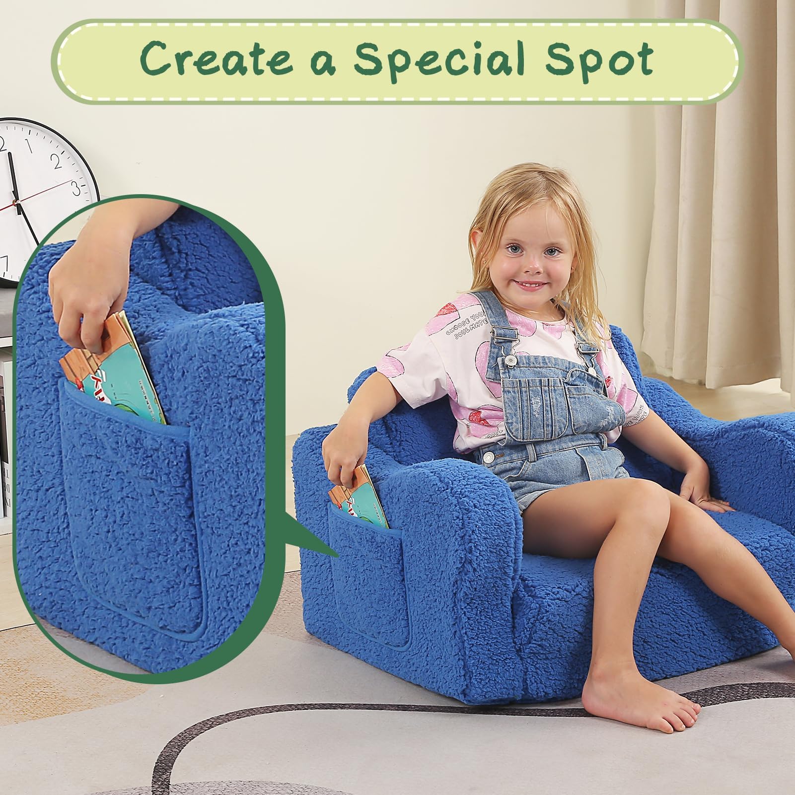 MOMCAYWEX Kids Sofa, 2-in-1 Flip-Out Foam Couch with Soft Sherpa Cover, Cozy Play Lounge Chair, Sky Blue thumbnail