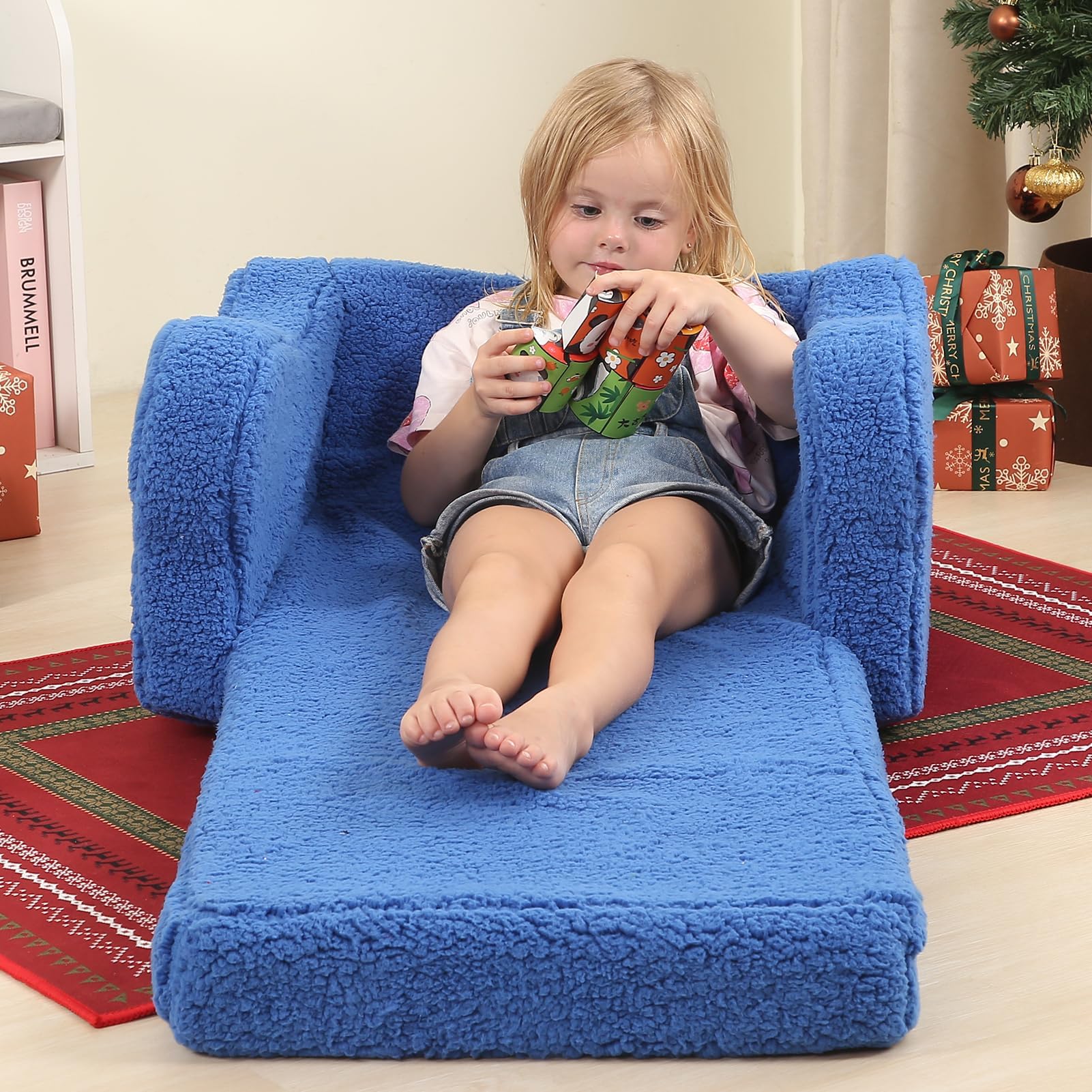 MOMCAYWEX Kids Sofa, 2-in-1 Flip-Out Foam Couch with Soft Sherpa Cover, Cozy Play Lounge Chair, Sky Blue thumbnail