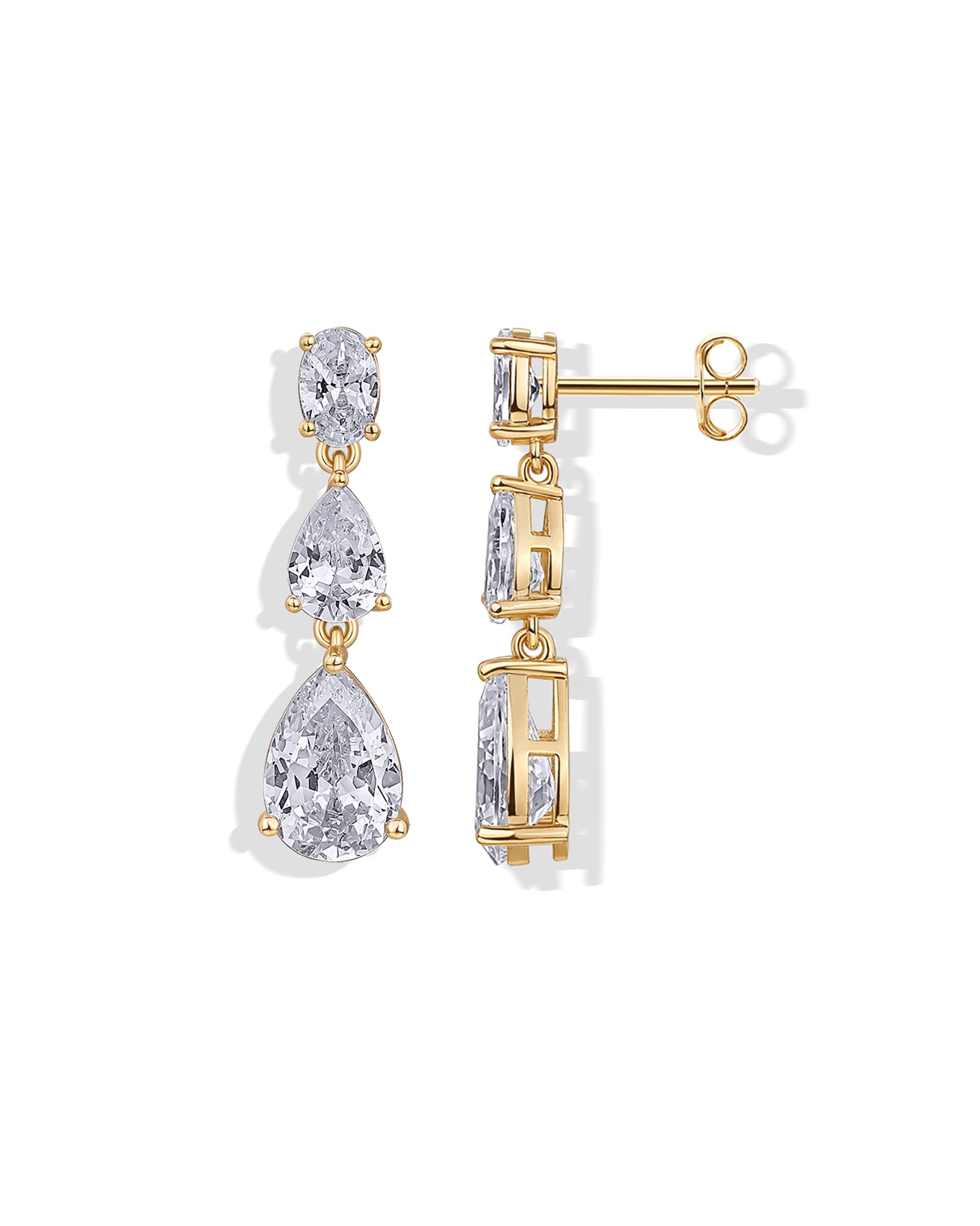 PAVOI 14K Gold Plated Cubic Zirconia Dangle Earrings for Women - Crystal Long Linear Bridal Drop Earrings - Cluster CZ Pearl Simulated Diamond Drop Dangle Wedding Jewelry for Brides & Bridesmaid