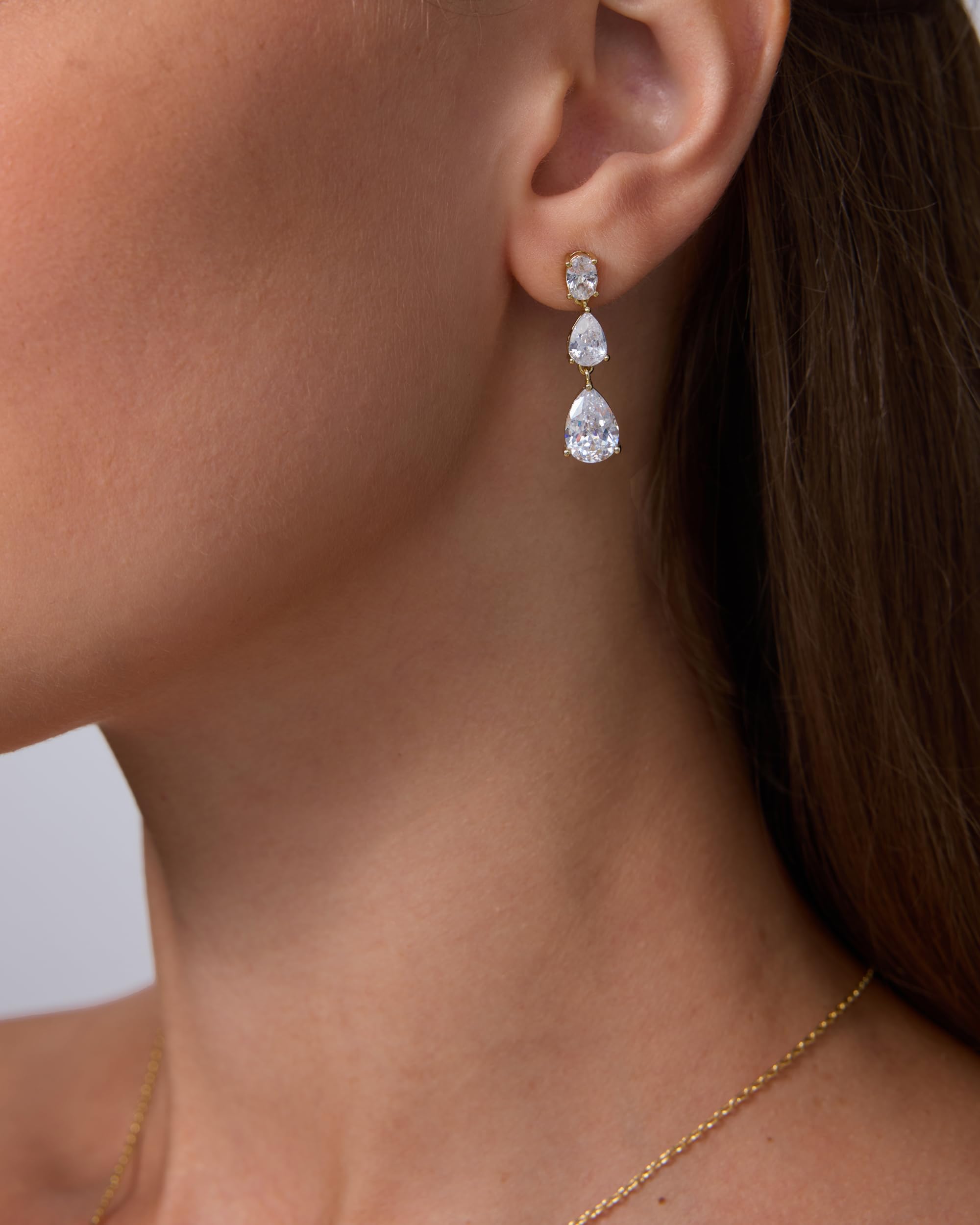 PAVOI 14K Gold Plated Cubic Zirconia Dangle Earrings for Women - Crystal Long Linear Bridal Drop Earrings - Cluster CZ Pearl Simulated Diamond Drop Dangle Wedding Jewelry for Brides & Bridesmaid thumbnail