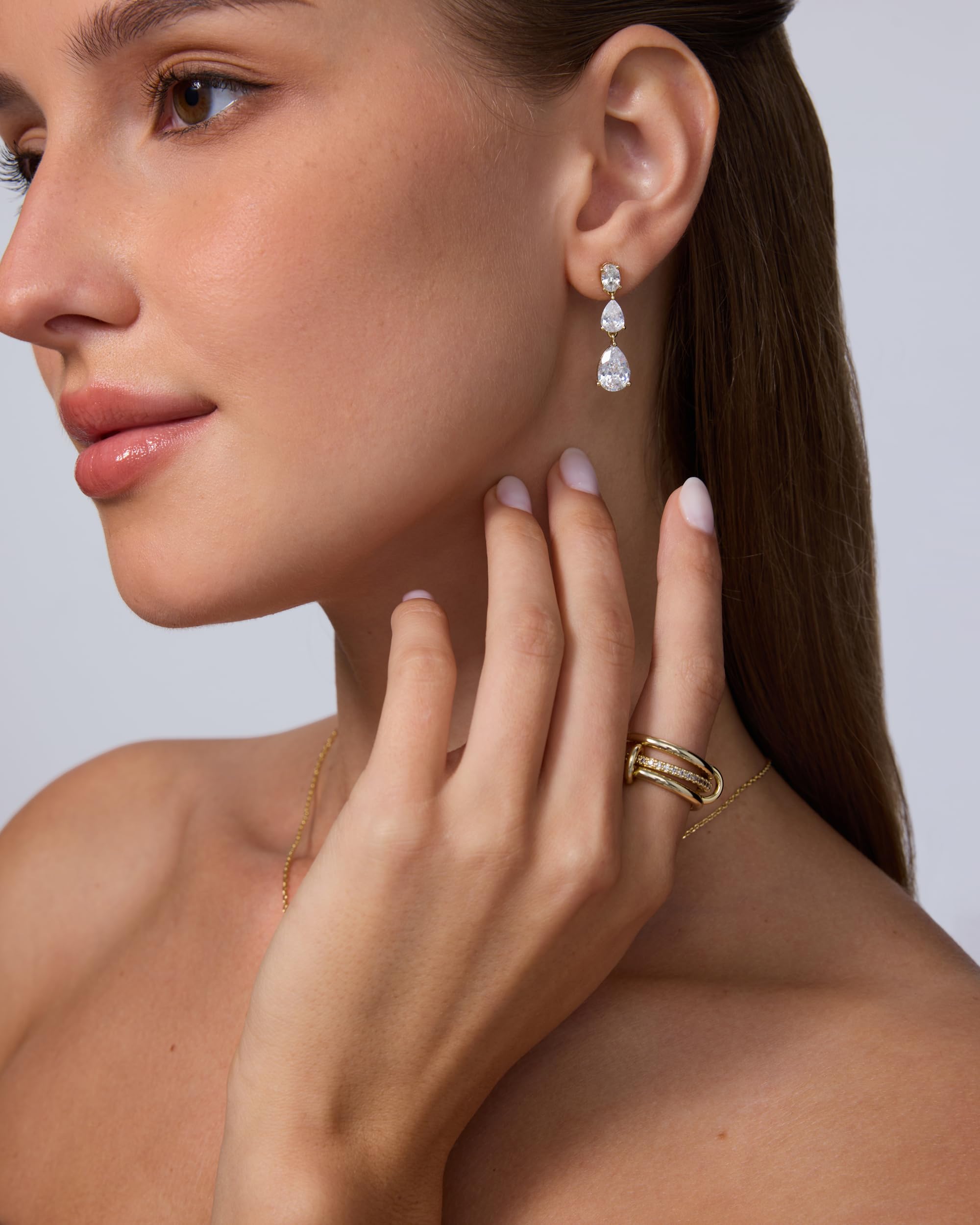 PAVOI 14K Gold Plated Cubic Zirconia Dangle Earrings for Women - Crystal Long Linear Bridal Drop Earrings - Cluster CZ Pearl Simulated Diamond Drop Dangle Wedding Jewelry for Brides & Bridesmaid thumbnail