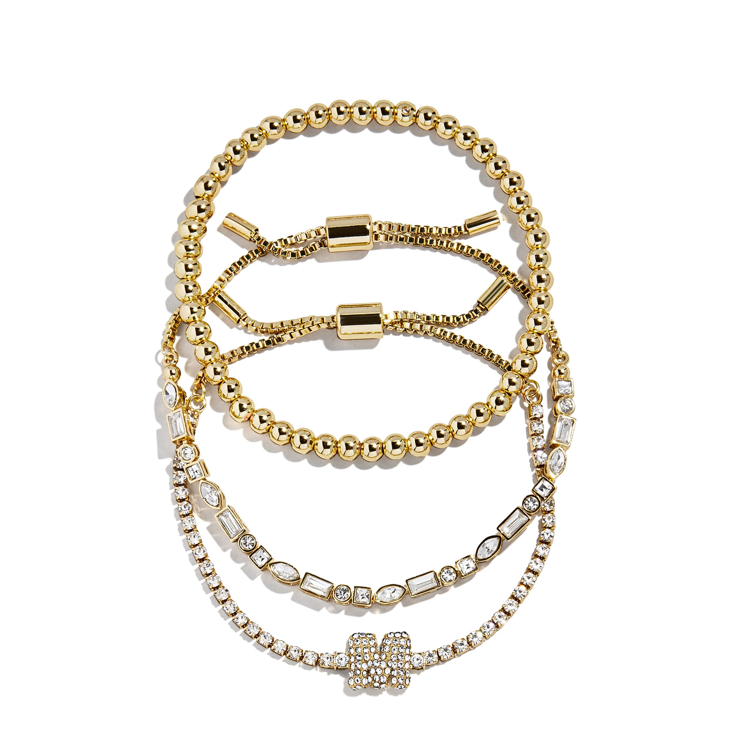 BaubleBar Three Bracelet Gift Set for Women, Gold-Plated Initial Beaded Bracelets, Fashion Jewelry, Personalized & Trendy Gift, Fashion Jewelry Set