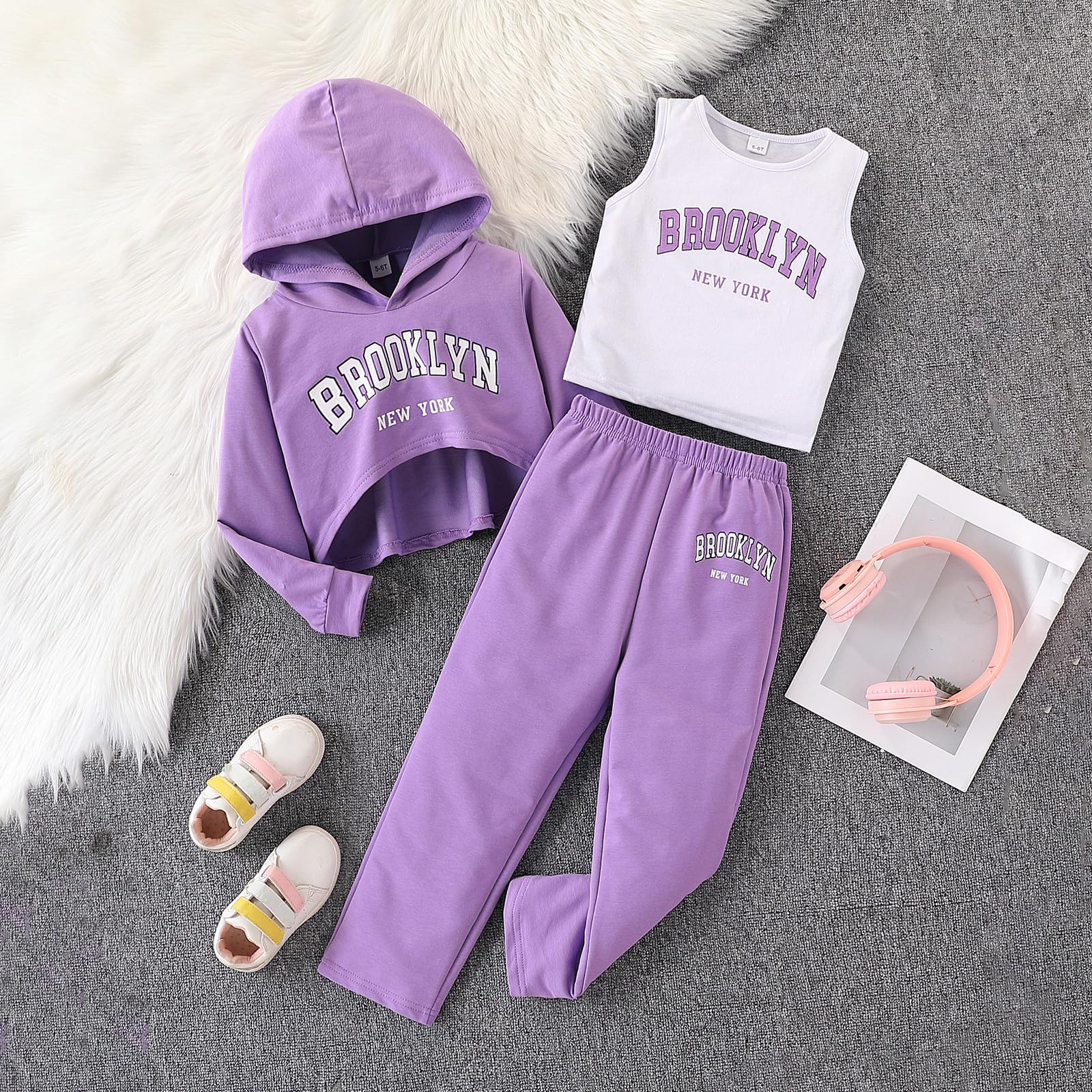 Girls Long Sleeve 3 Piece Outfits Graphic Crop Sweatshirt Tank and Sweatpants Set thumbnail
