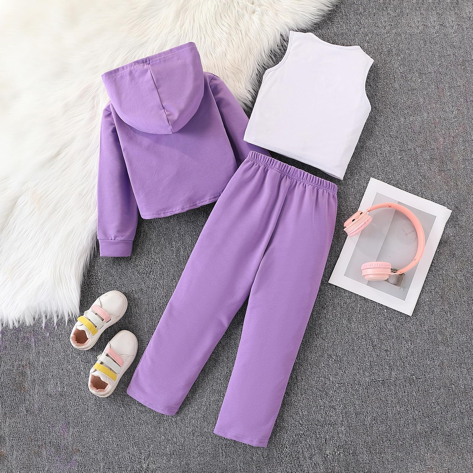 Girls Long Sleeve 3 Piece Outfits Graphic Crop Sweatshirt Tank and Sweatpants Set thumbnail