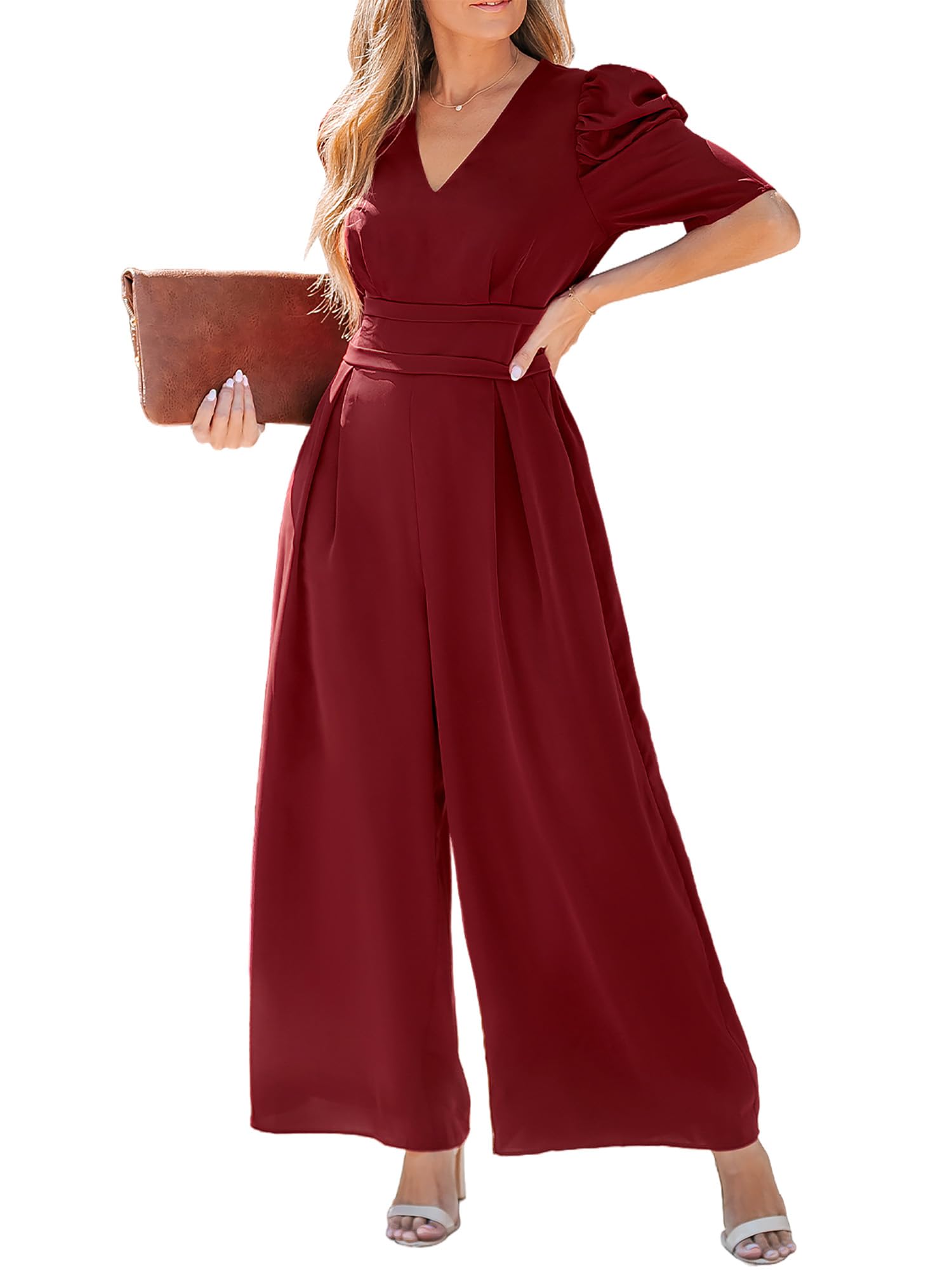CUPSHE Womens Maxi Jumpsuit Dressy V Neck Half Sleeves Wide Leg Tunic Waist Pockets One Piece Outfit Overall Casual Romper