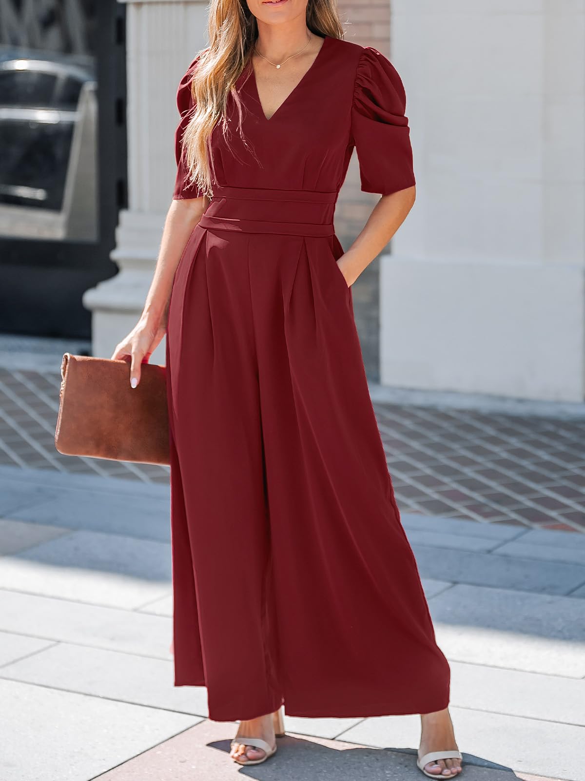 CUPSHE Womens Maxi Jumpsuit Dressy V Neck Half Sleeves Wide Leg Tunic Waist Pockets One Piece Outfit Overall Casual Romper thumbnail