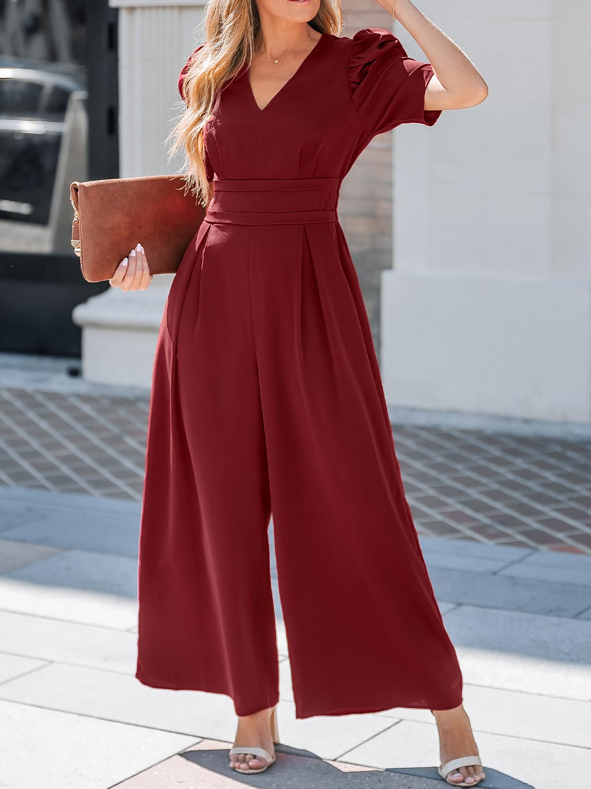 CUPSHE Womens Maxi Jumpsuit Dressy V Neck Half Sleeves Wide Leg Tunic Waist Pockets One Piece Outfit Overall Casual Romper thumbnail
