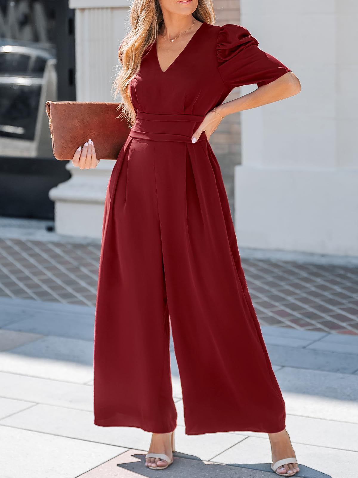 CUPSHE Womens Maxi Jumpsuit Dressy V Neck Half Sleeves Wide Leg Tunic Waist Pockets One Piece Outfit Overall Casual Romper thumbnail