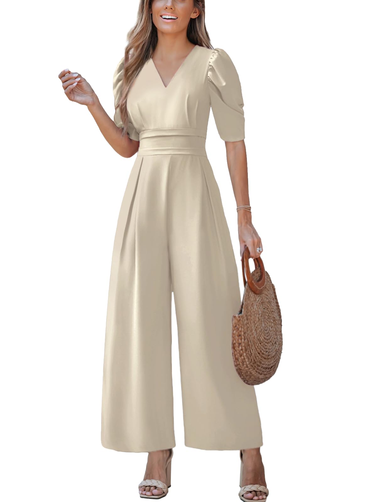 CUPSHE Womens Maxi Jumpsuit Dressy V Neck Half Sleeves Wide Leg Tunic Waist Pockets One Piece Outfit Overall Casual Romper thumbnail