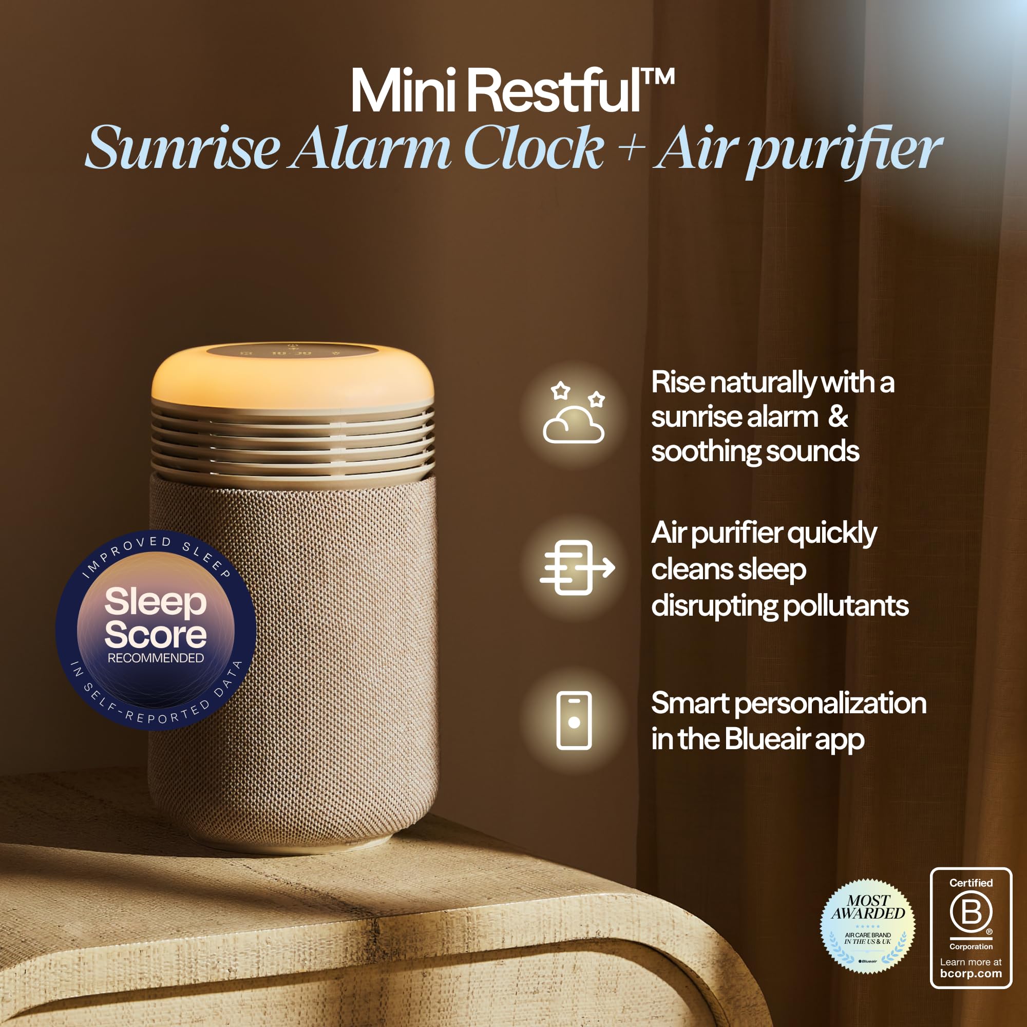 BLUEAIR Mini Restful Bedroom Air Purifier with Sunrise Alarm Clock, Beige thumbnail