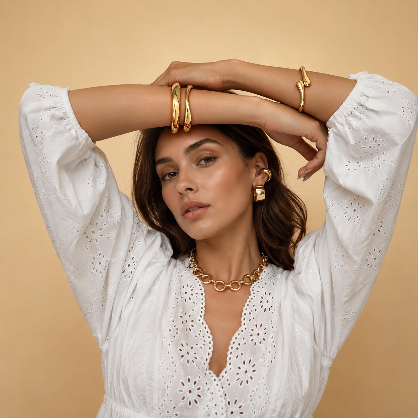 Chunky Gold Bangle Bracelets for Women Trendy 14K Gold Plated Cuff Bracelets Stack, Dainty Gold Bracelet Sets Non Tarnish Fashion Jewelry Gift thumbnail