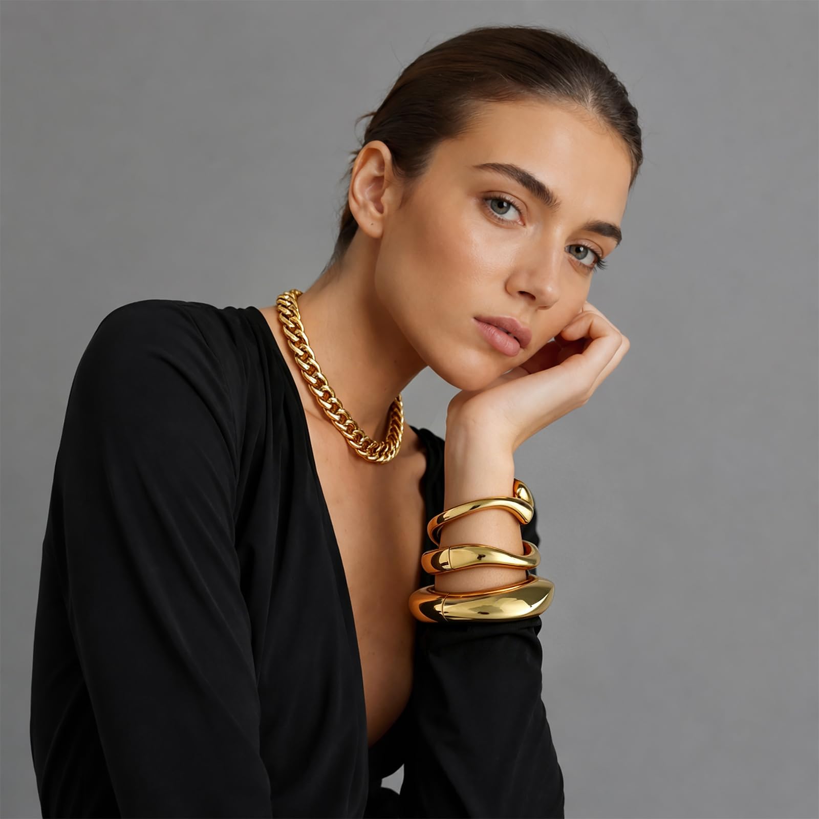 Chunky Gold Bangle Bracelets for Women Trendy 14K Gold Plated Cuff Bracelets Stack, Dainty Gold Bracelet Sets Non Tarnish Fashion Jewelry Gift thumbnail